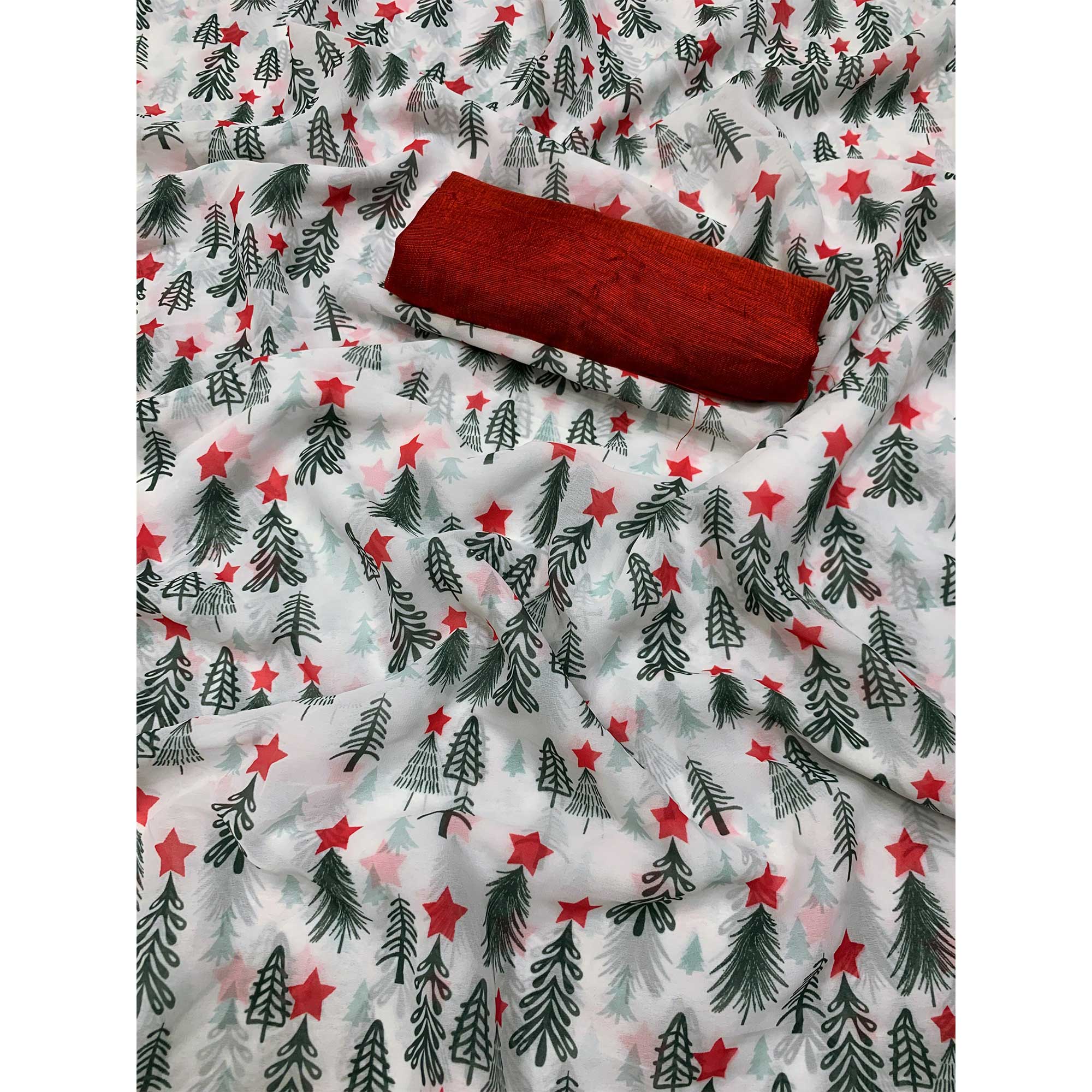 White Christmas Themed Printed Georgette Saree
