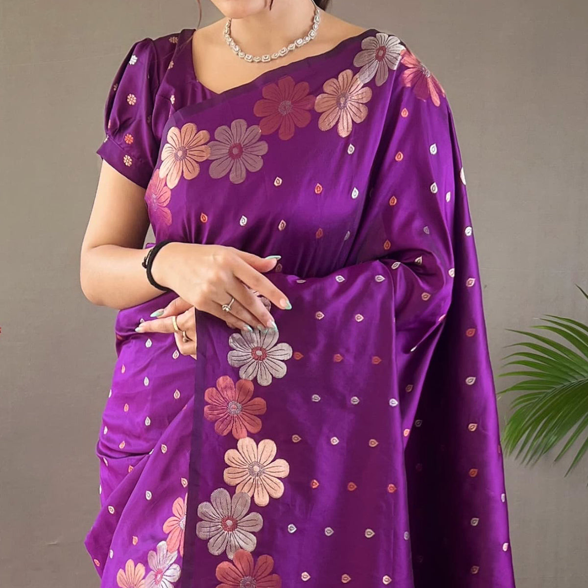 Purple Floral Zari Woven Pure Silk Saree