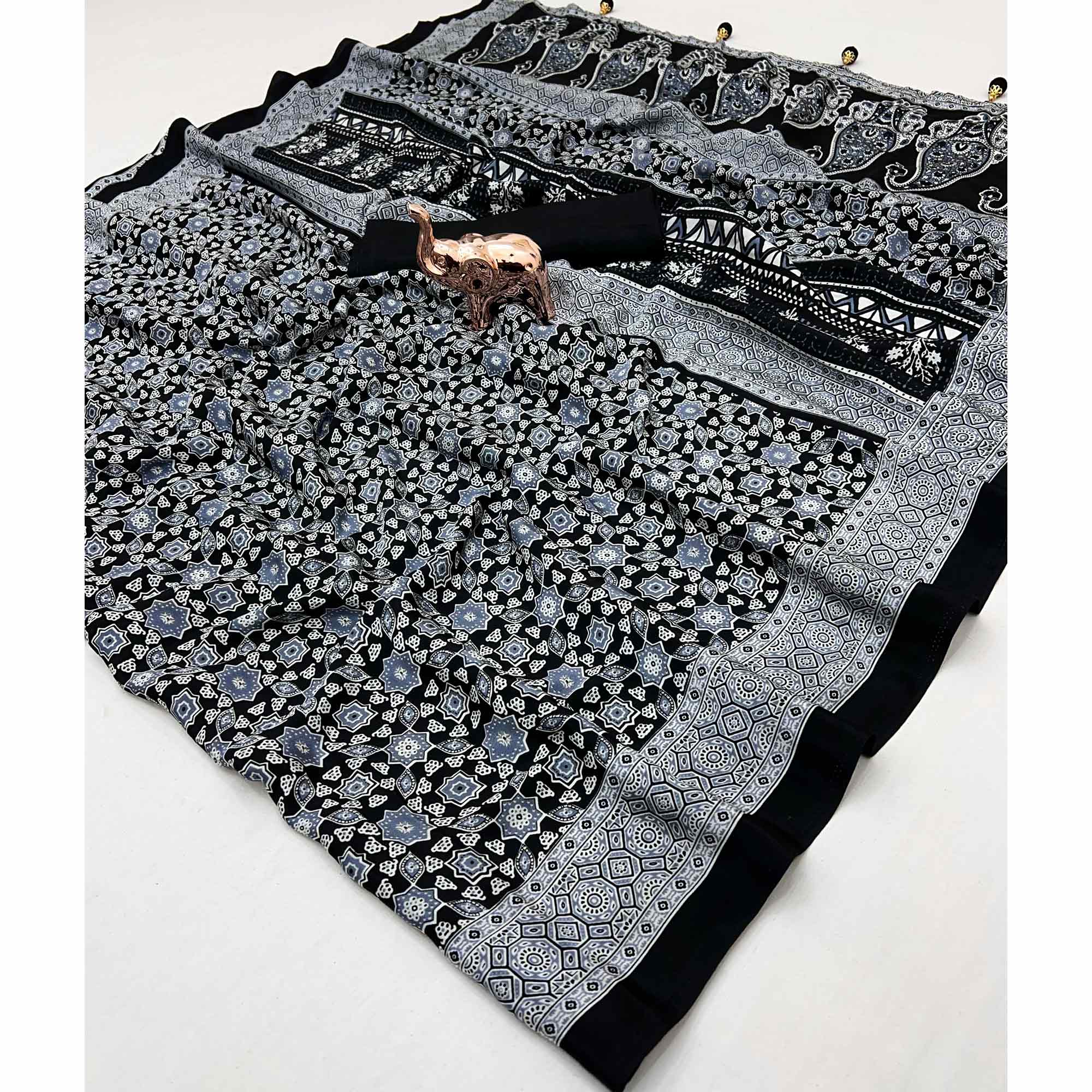 Black Saree in Satin Fabric with Authentic Ajrakh Patterns