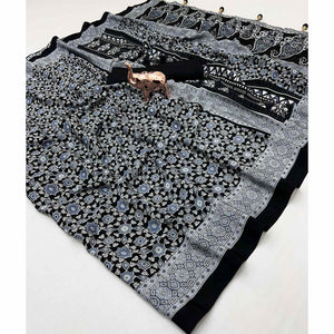 Black Saree in Satin Fabric with Authentic Ajrakh Patterns