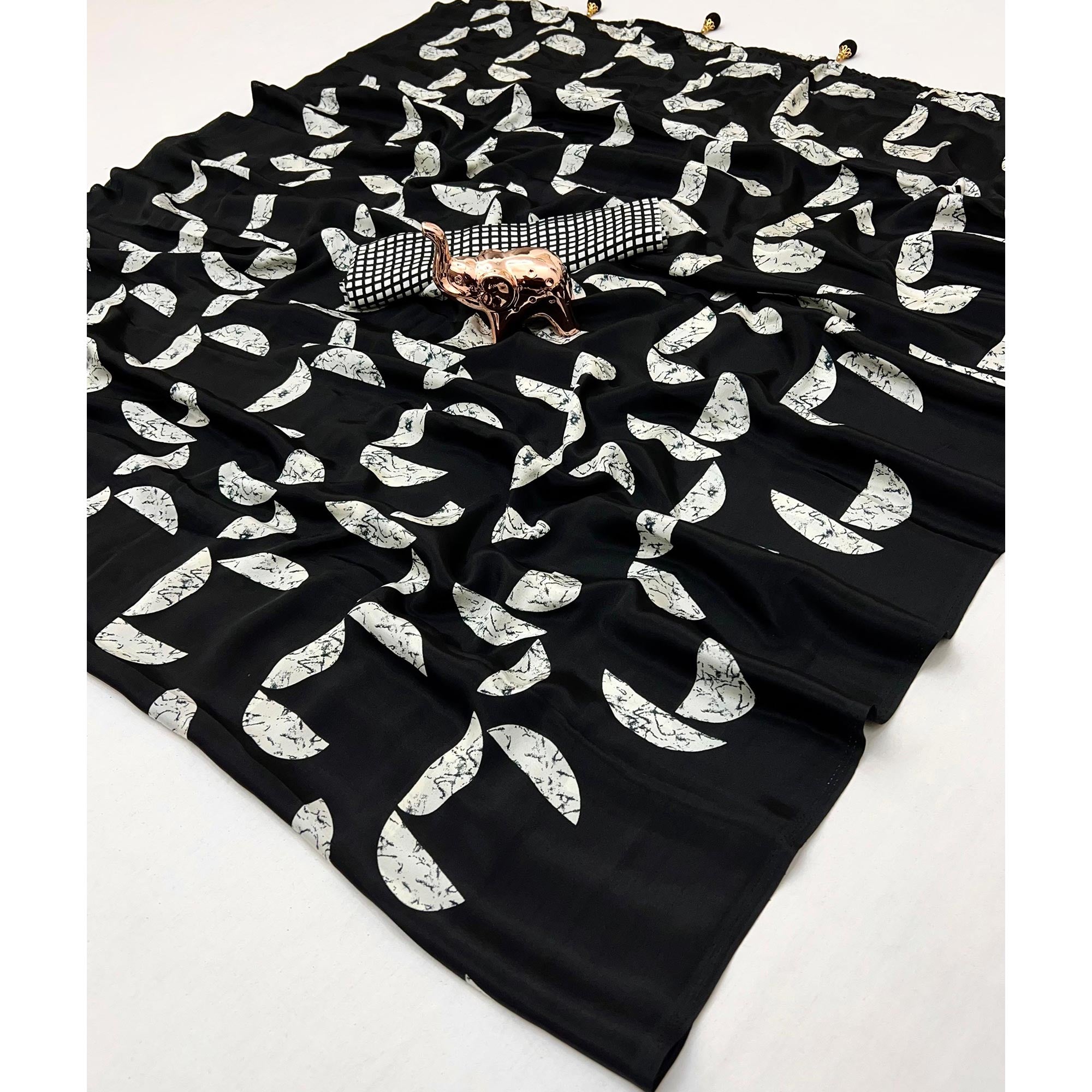 Black Saree in Satin Fabric with Modern Geometric Patterns