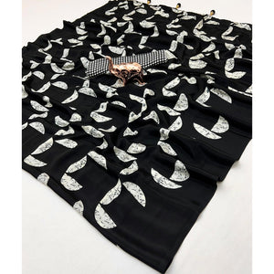 Black Saree in Satin Fabric with Modern Geometric Patterns