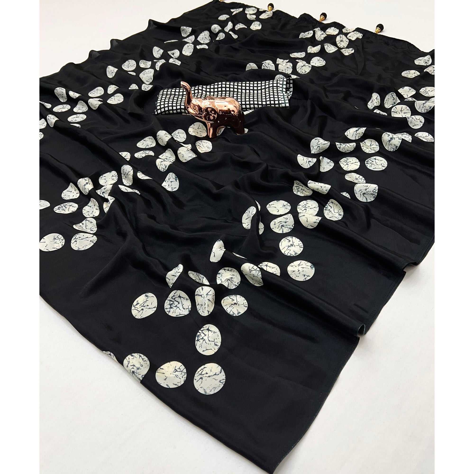 Black Saree in Satin Fabric with Modern Geometric Patterns