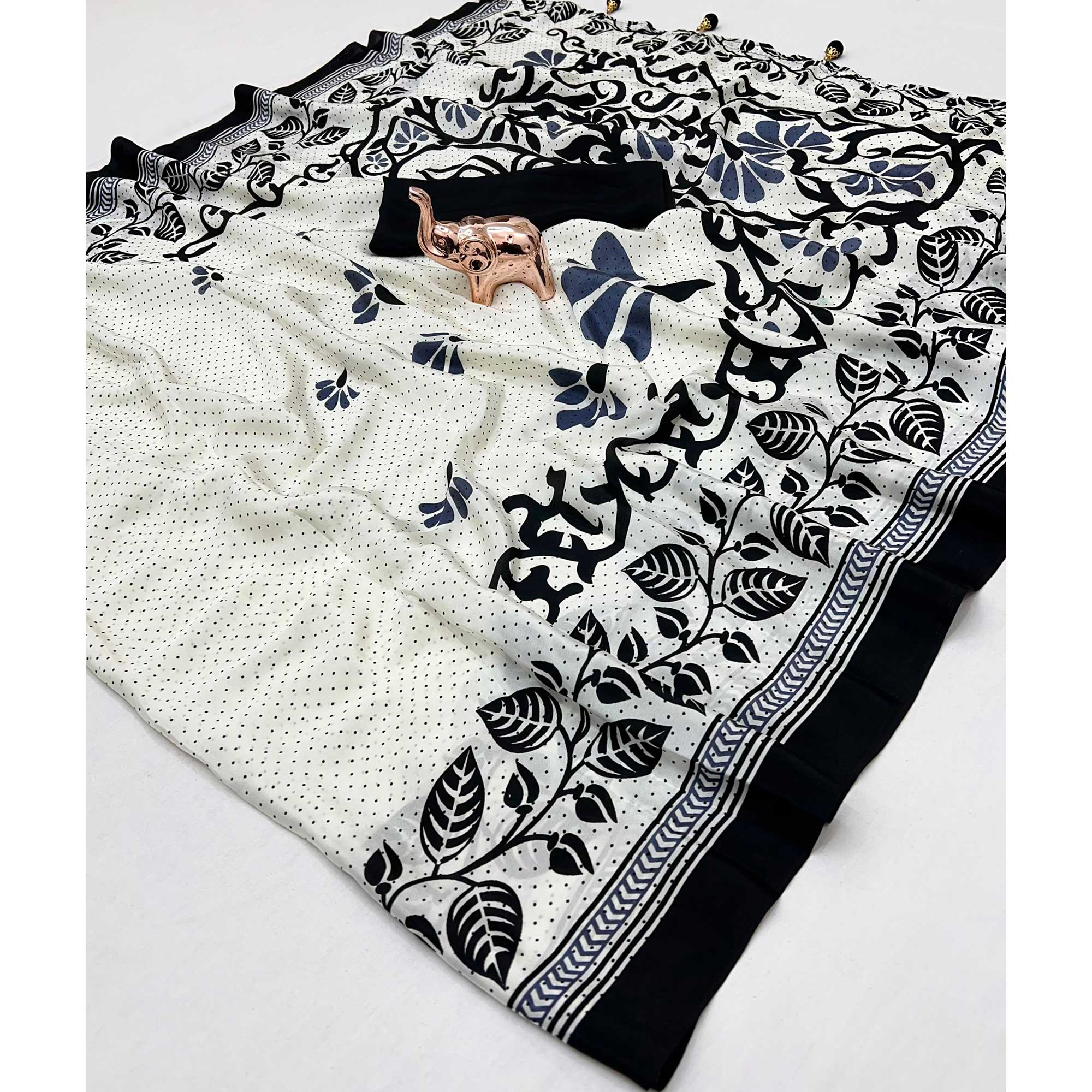 White Saree in Satin Fabric with Modern Floral Patterns