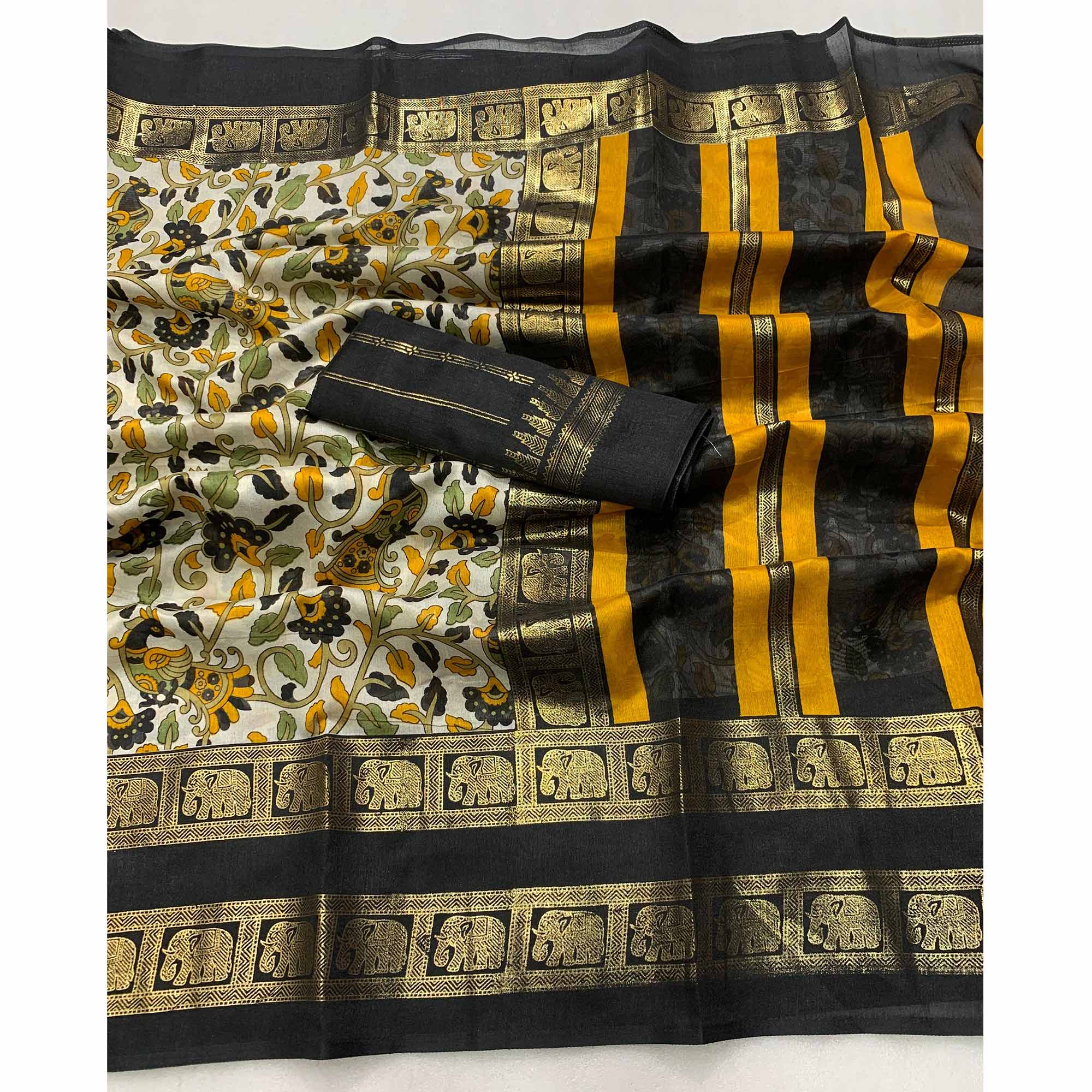 Black Kalamkari Printed Dola Silk Saree