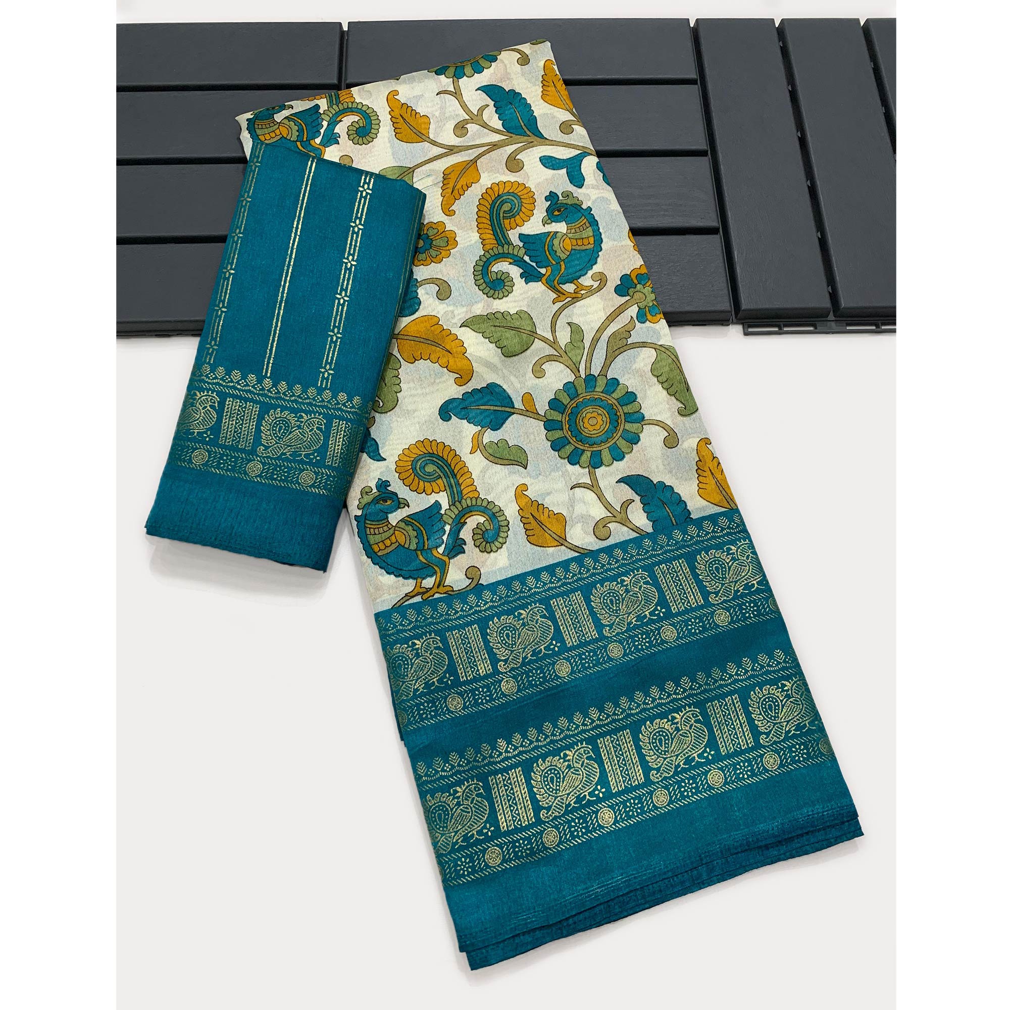 Rama Blue Floral Printed Dola Silk Saree