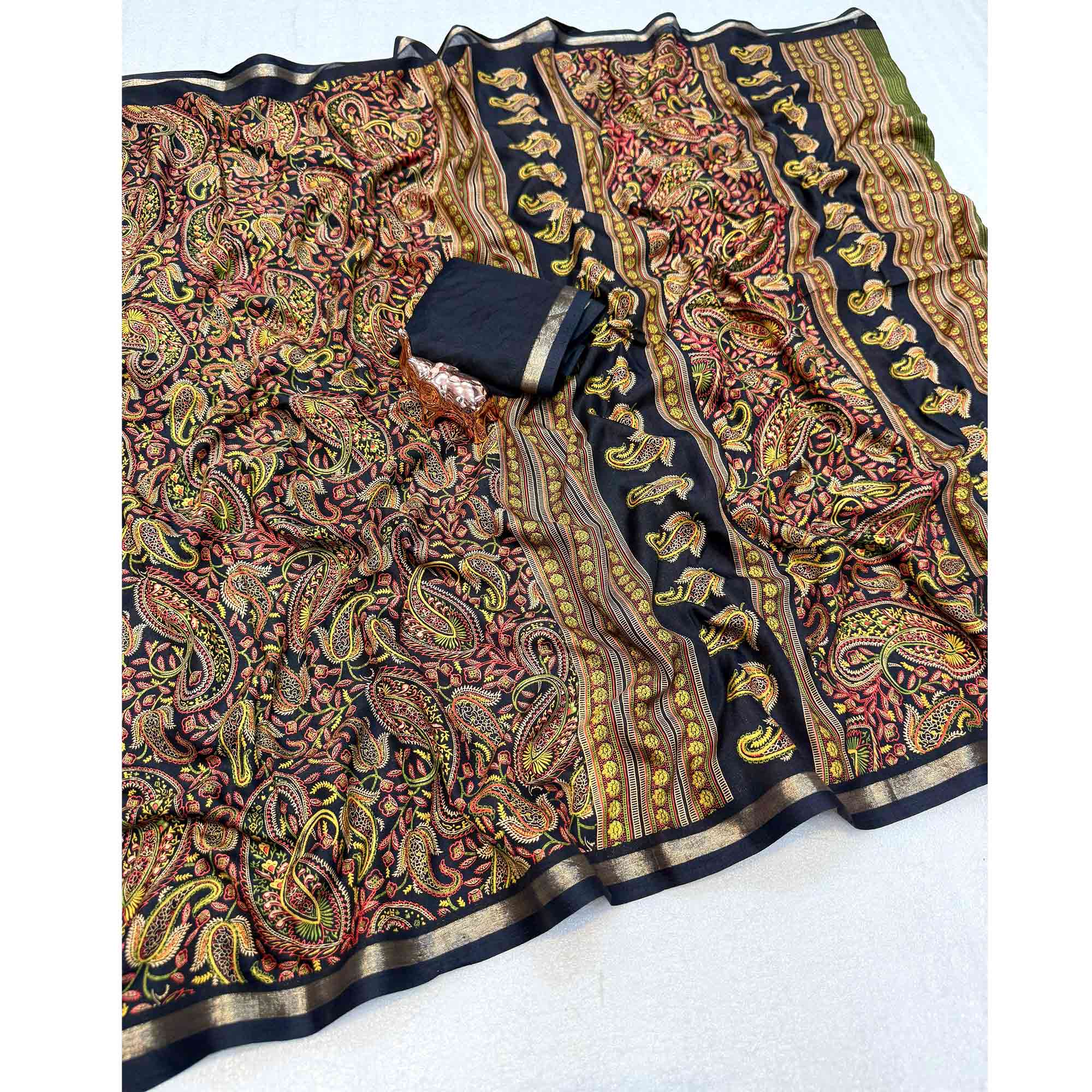 Classic Black Tussar Silk Blend Saree Adorned With Elegant Paisley & Floral Kashmiri Prints