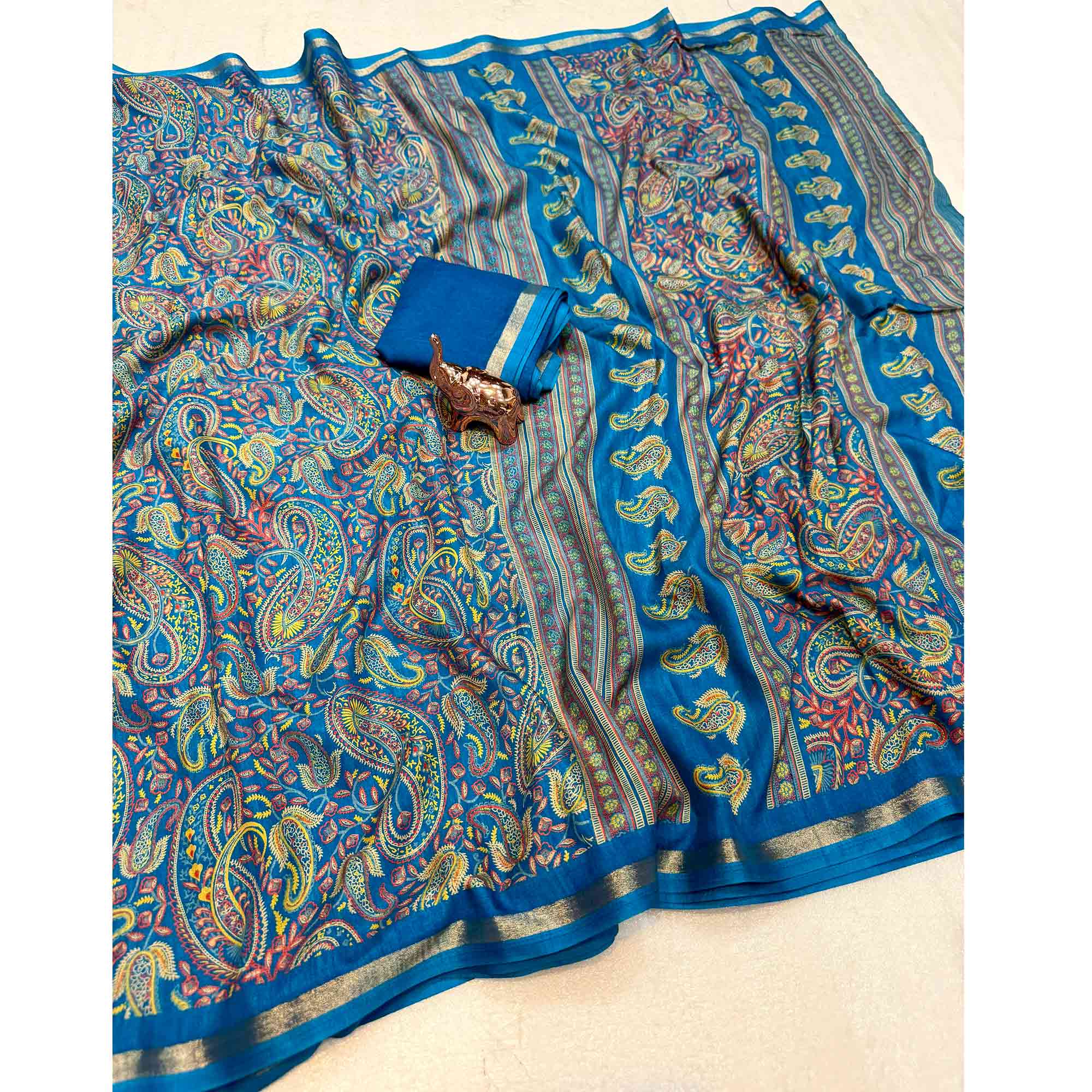 Classic Blue Tussar Silk Blend Saree Adorned With Elegant Paisley & Floral Kashmiri Prints
