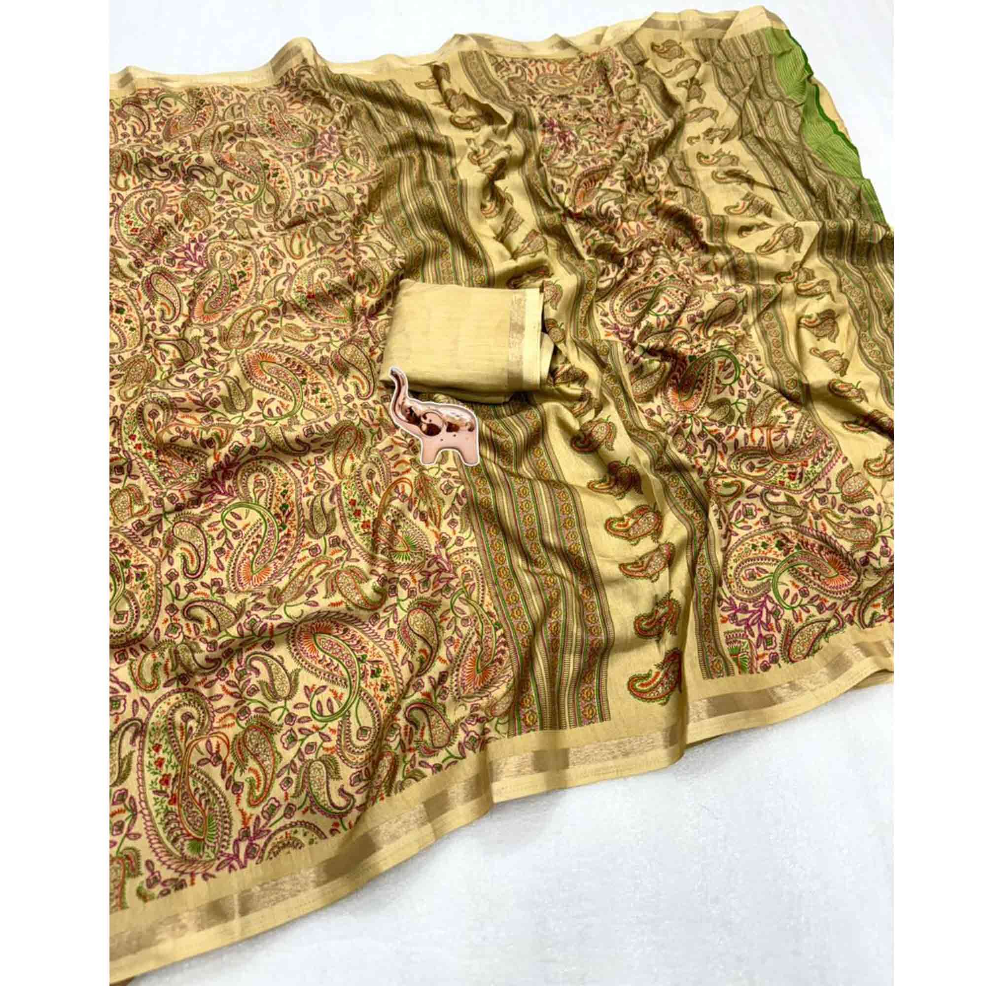 Classic Chikoo Tussar Silk Blend Saree Adorned With Elegant Paisley & Floral Kashmiri Prints