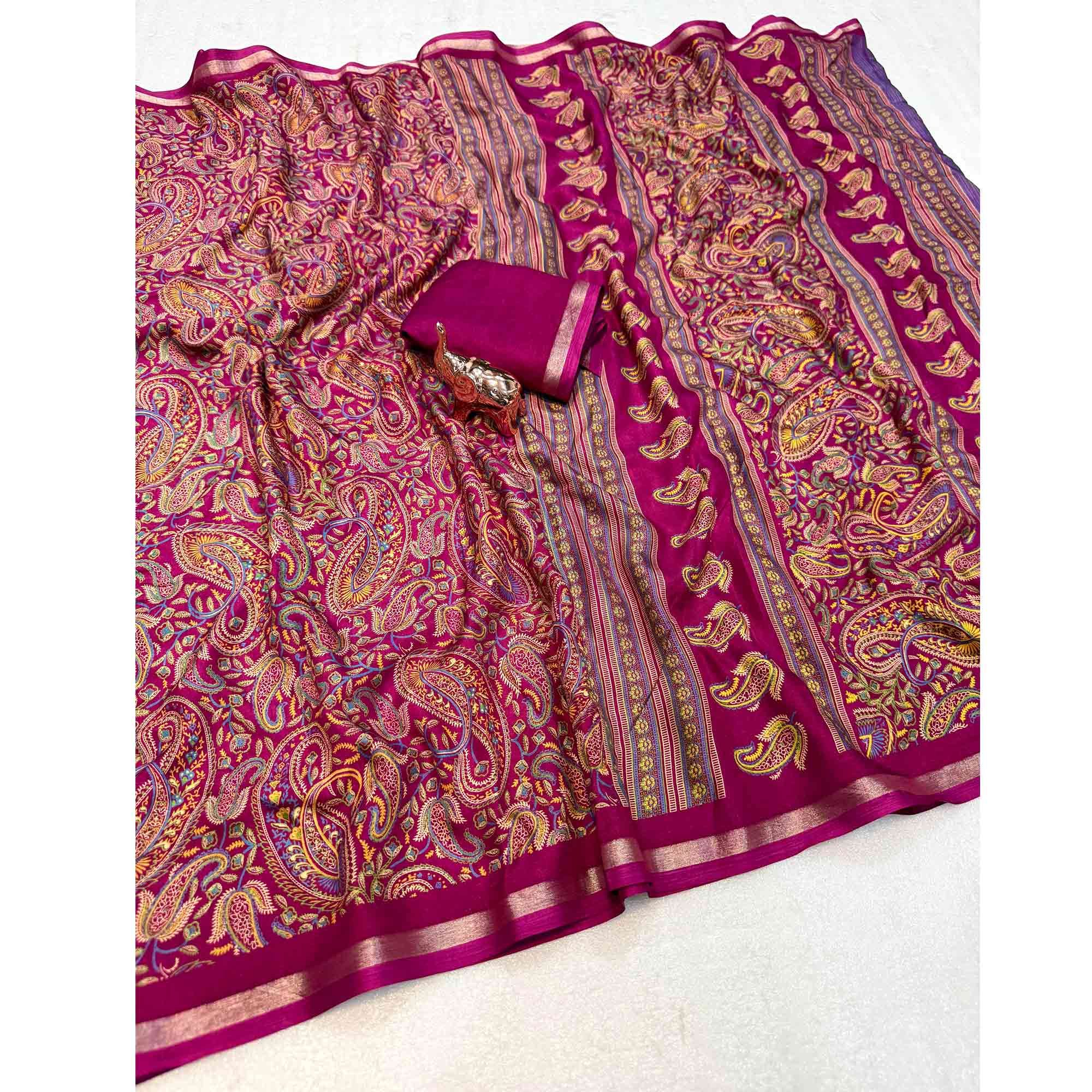 Classic Dark Magenta Tussar Silk Blend Saree Adorned With Elegant Paisley & Floral Kashmiri Prints