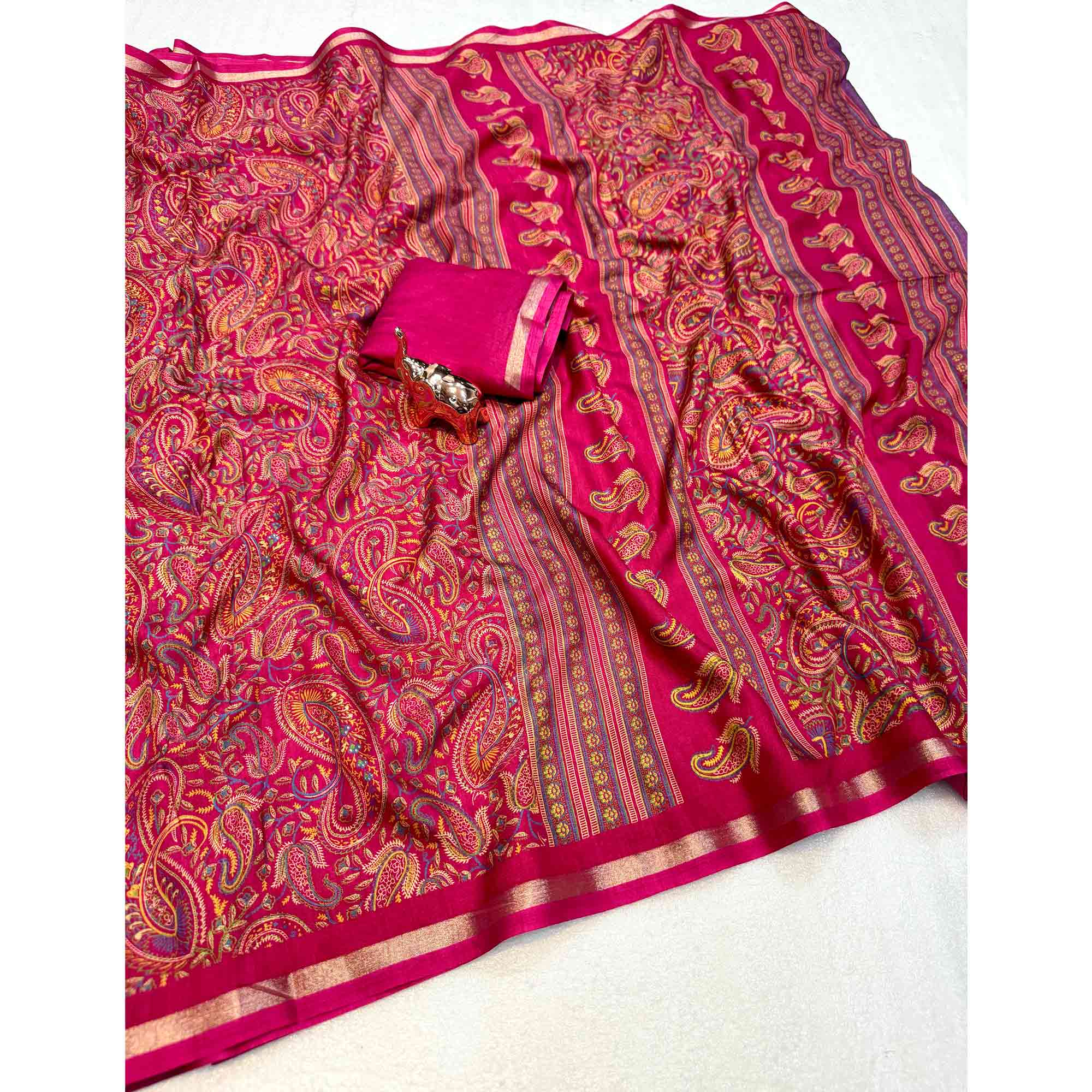 Classic Pink Tussar Silk Blend Saree Adorned With Elegant Paisley & Floral Kashmiri Prints