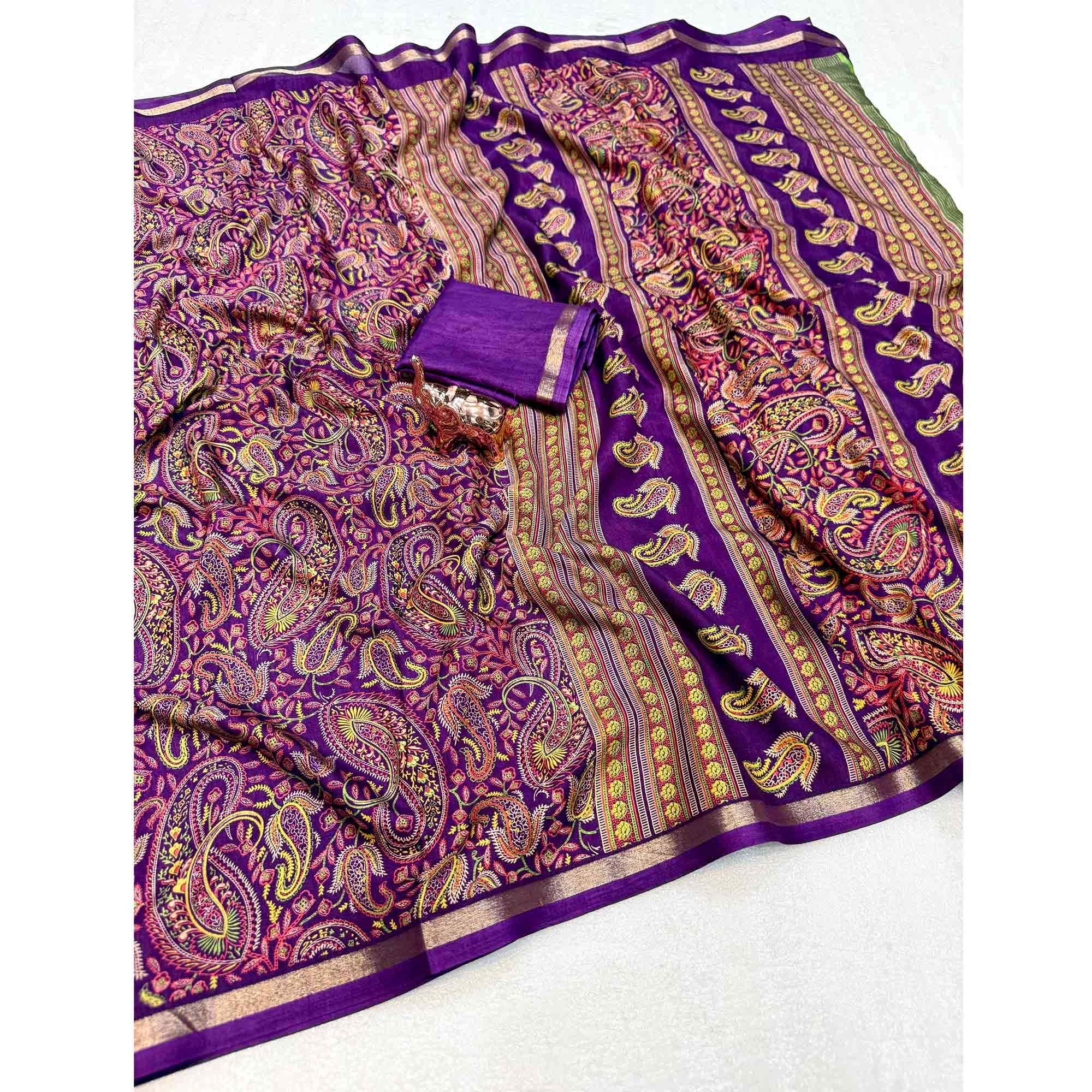 Classic Purple Tussar Silk Blend Saree Adorned With Elegant Paisley & Floral Kashmiri Prints