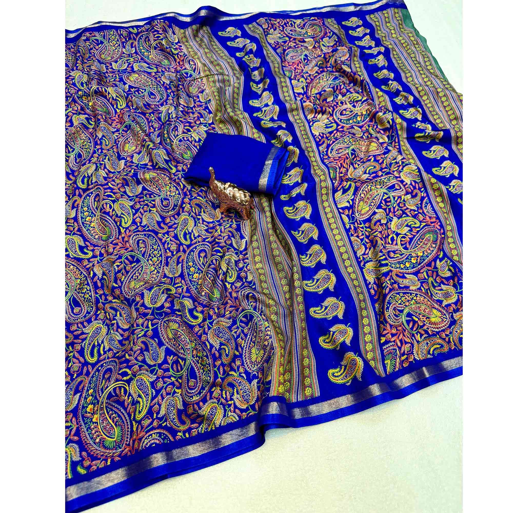 Classic Royal Blue Tussar Silk Blend Saree Adorned With Elegant Paisley & Floral Kashmiri Prints