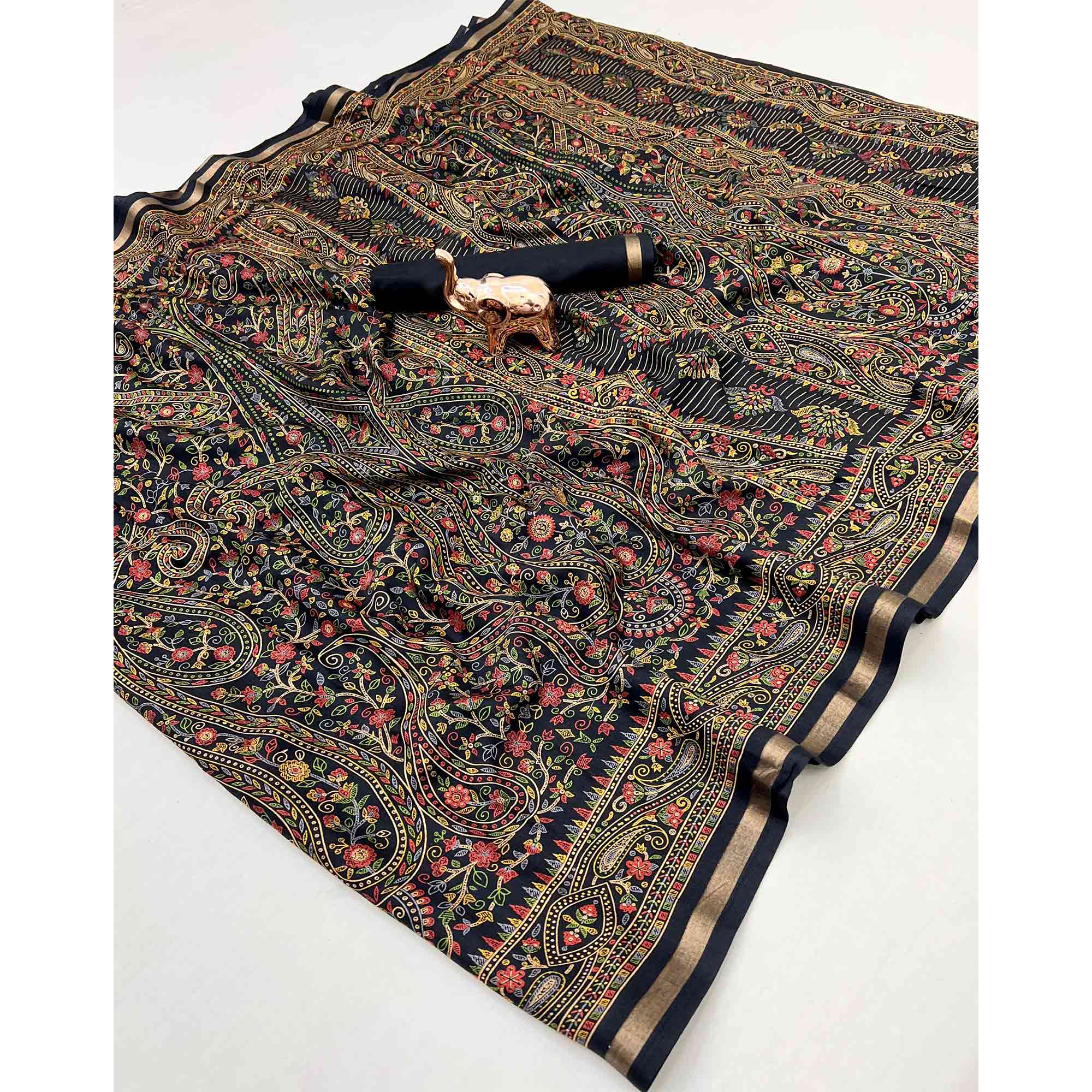 Black Floral Printed Dola Kashmiri Dola Silk Saree Highlighted With Rich Golden Zari Border