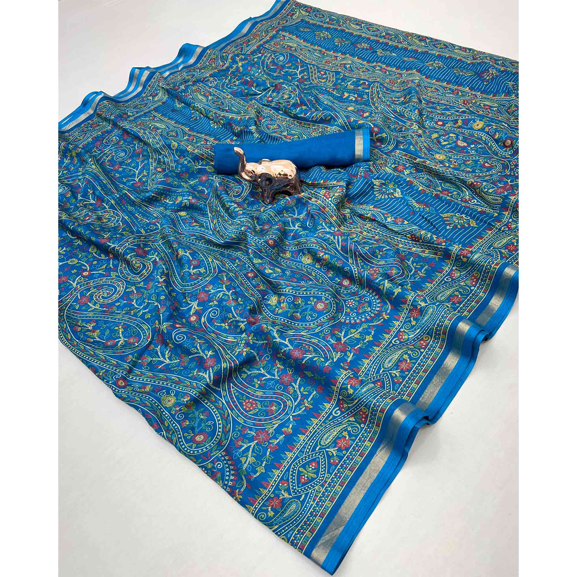 Blue Floral Printed Dola Kashmiri Dola Silk Saree Highlighted With Rich Golden Zari Border