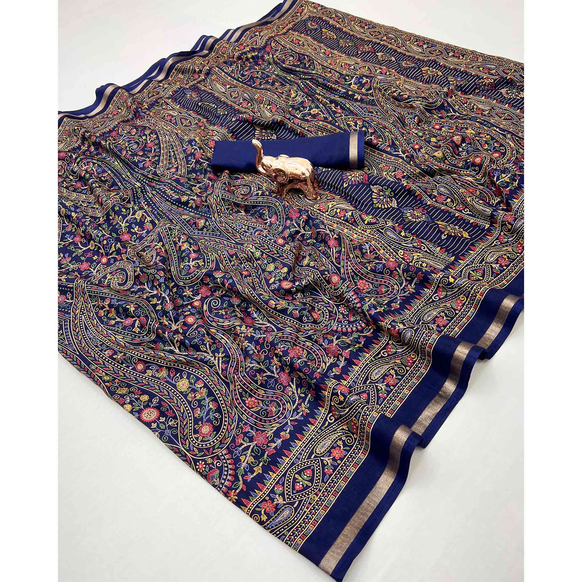 Navy Blue Floral Printed Dola Kashmiri Dola Silk Saree Highlighted With Rich Golden Zari Border