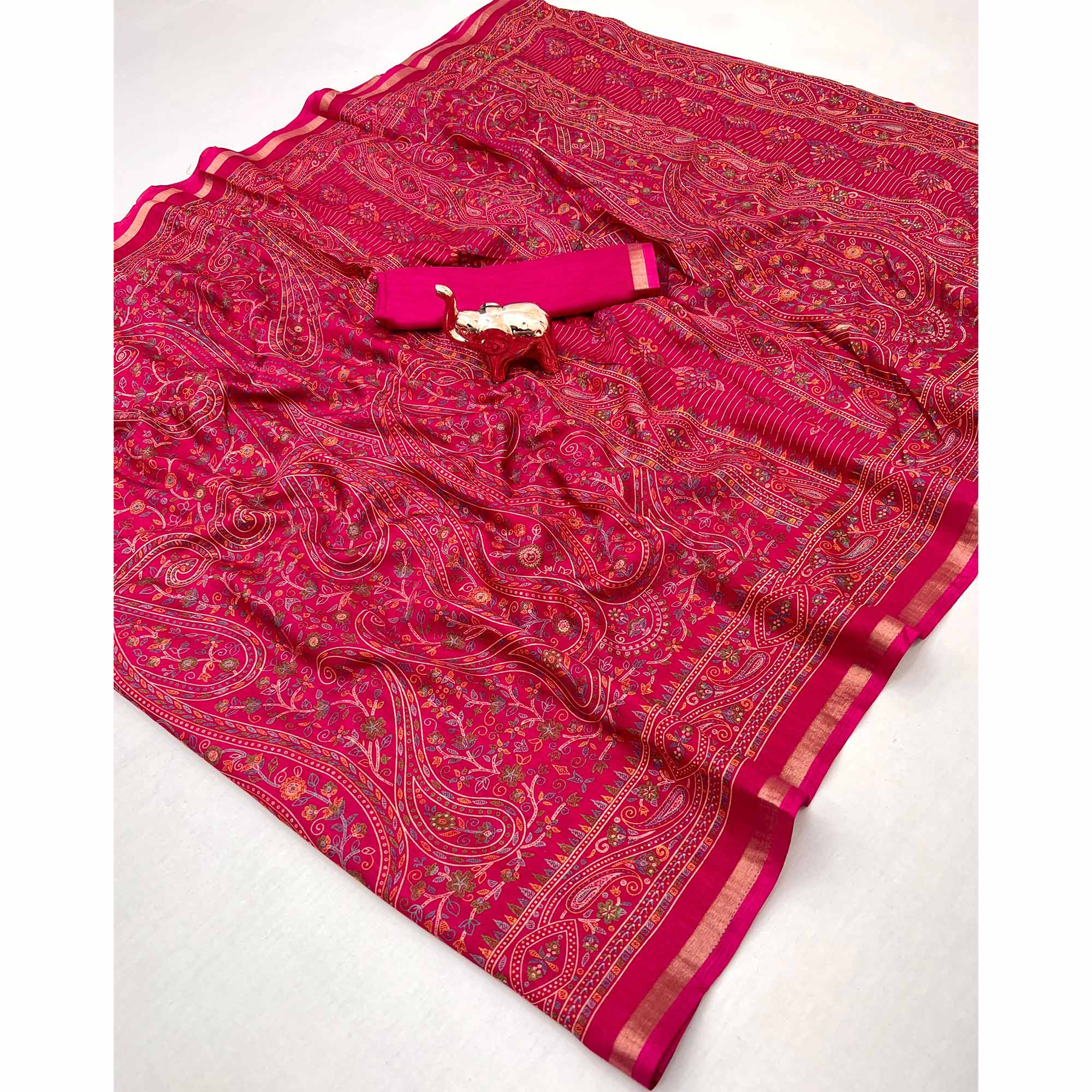Pink Floral Printed Dola Kashmiri Dola Silk Saree Highlighted With Rich Golden Zari Border