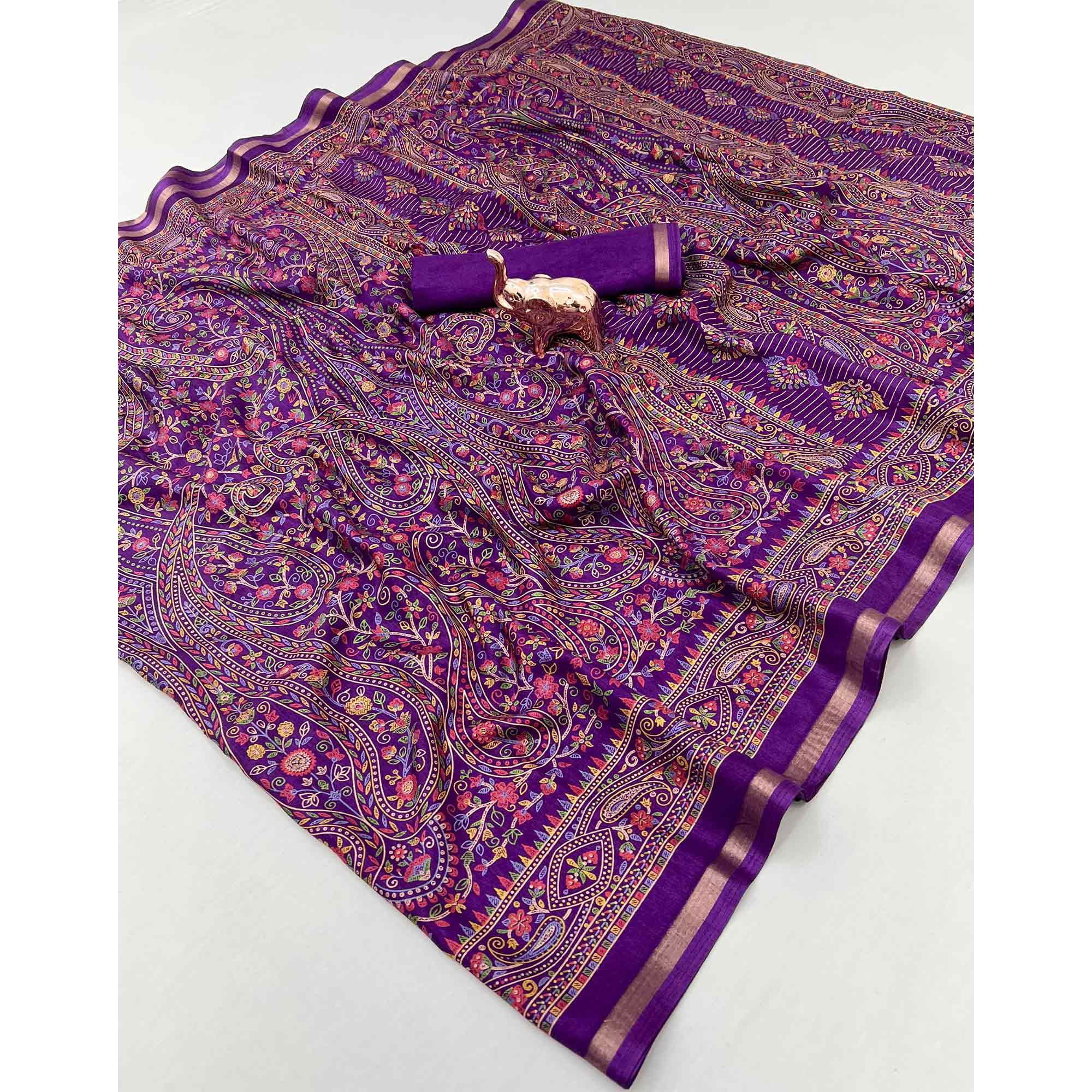 Purple Floral Printed Dola Kashmiri Dola Silk Saree Highlighted With Rich Golden Zari Border