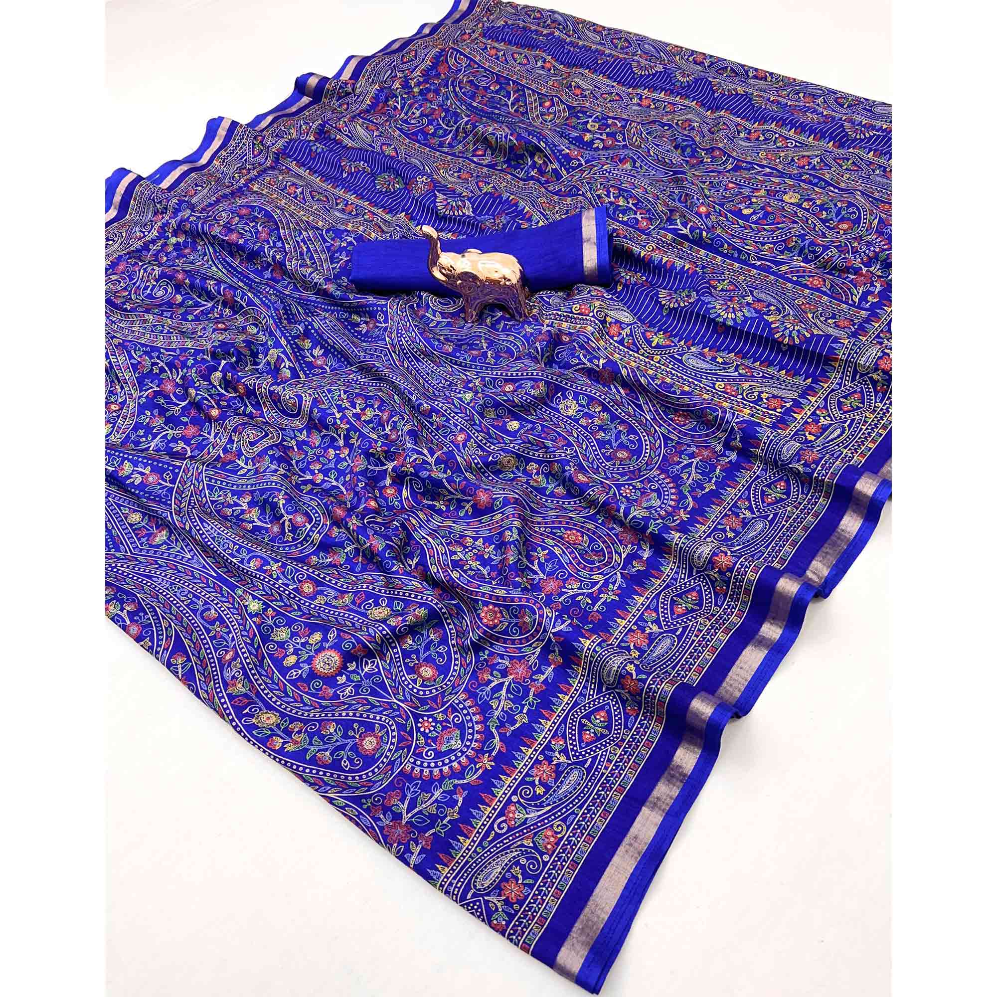 Royal Blue Floral Printed Dola Kashmiri Dola Silk Saree Highlighted With Rich Golden Zari Border