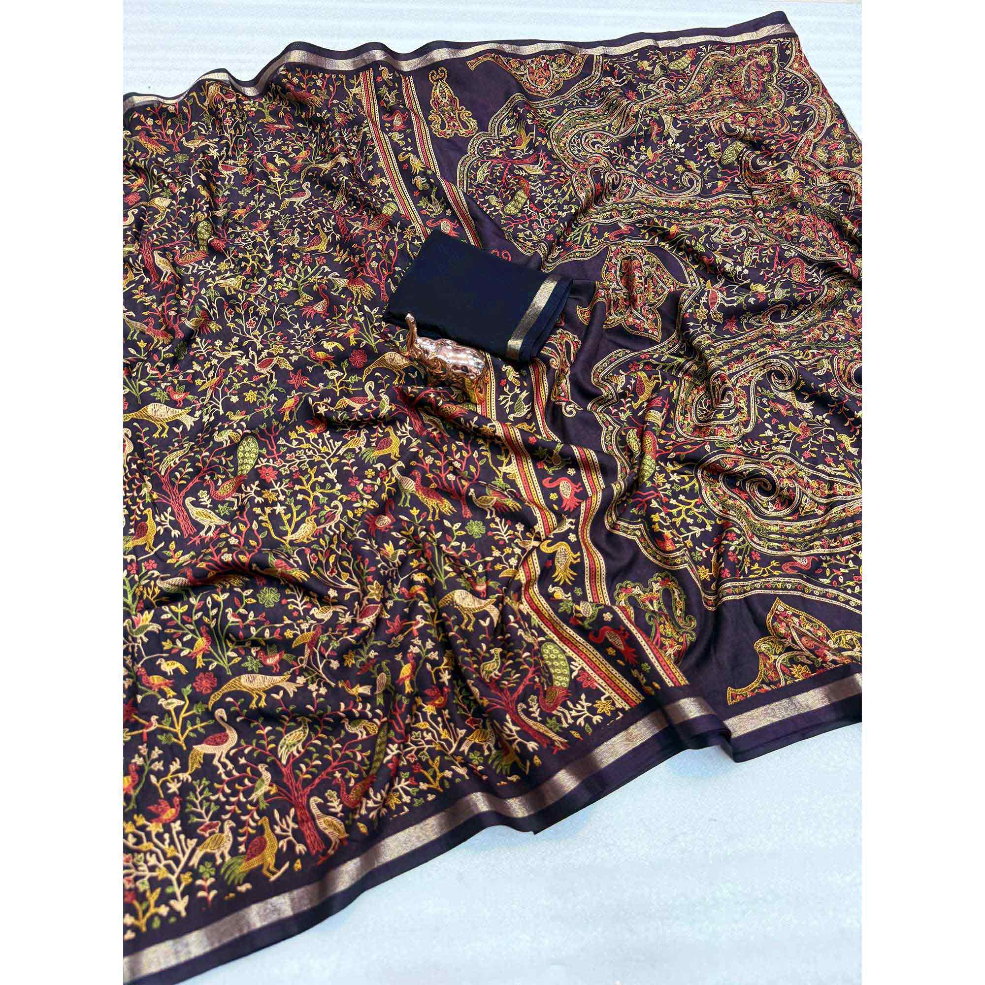 Black Tussar Silk Blend Saree with Intricate Floral & Bird Kashmiri Print & Elegant Zari Border