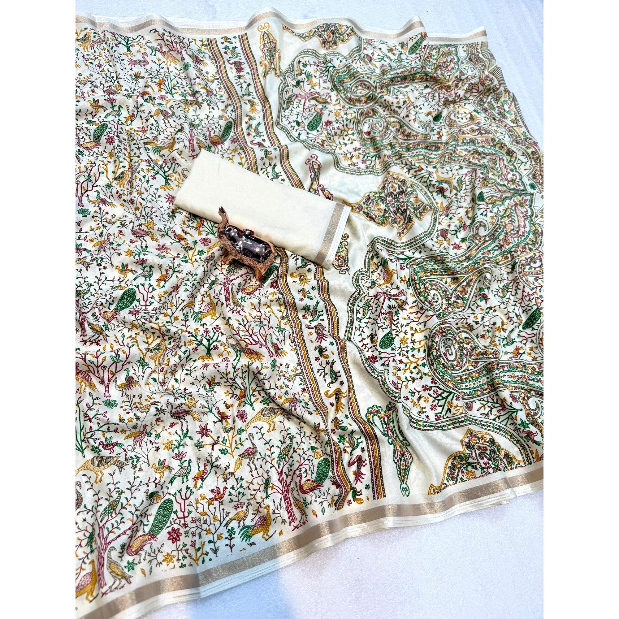 Cream Tussar Silk Blend Saree with Intricate Floral & Bird Kashmiri Print & Zari Border