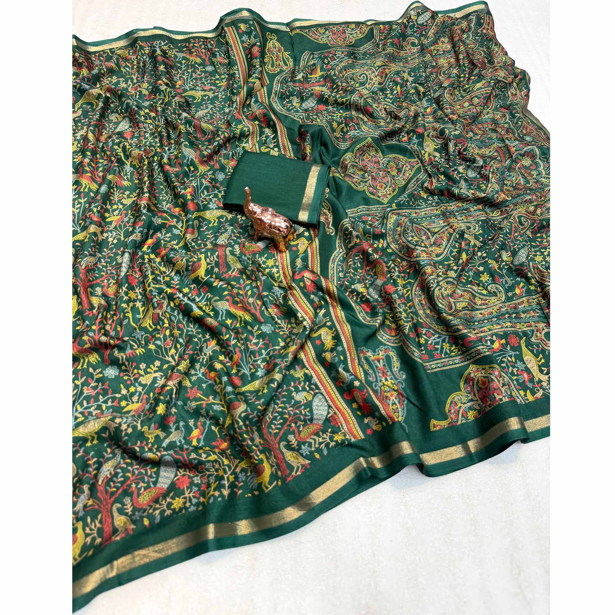 Green Tussar Silk Blend Saree with Intricate Floral & Bird Kashmiri Print & Elegant Zari Border