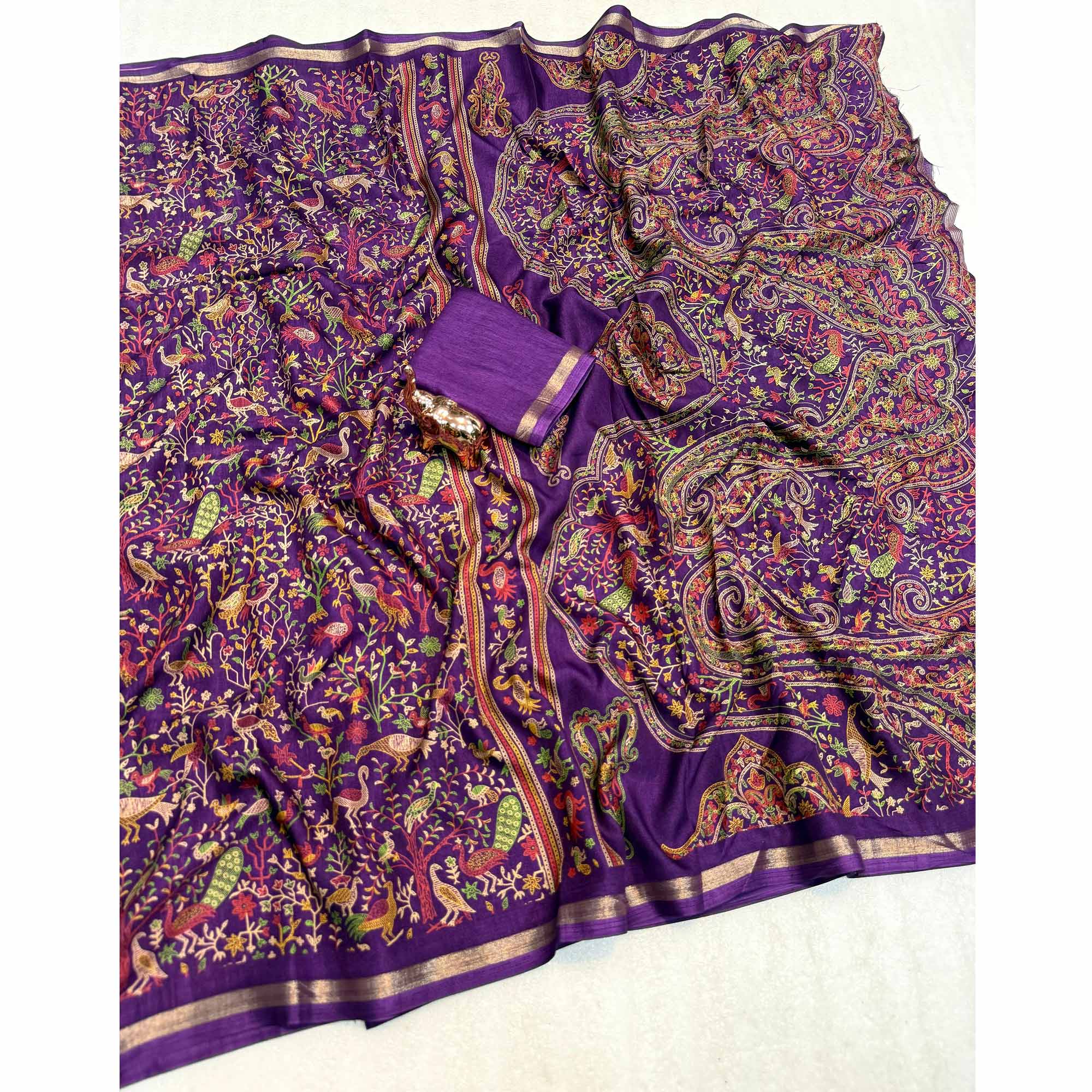 Purple Tussar Silk Blend Saree with Intricate Floral & Bird Kashmiri Print & Elegant Zari Border