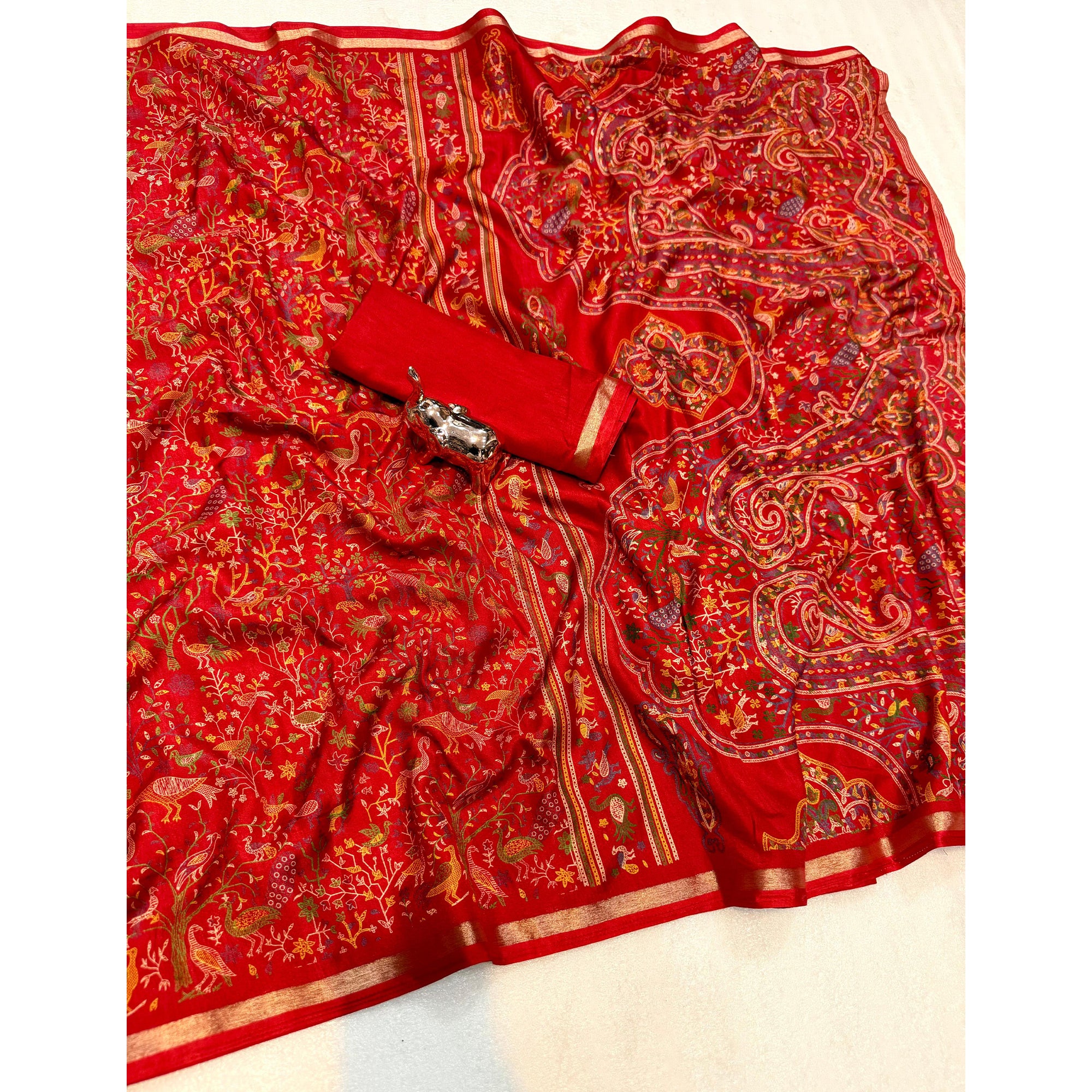 Red Tussar Silk Blend Saree with Intricate Floral & Bird Kashmiri Print & Zari Border