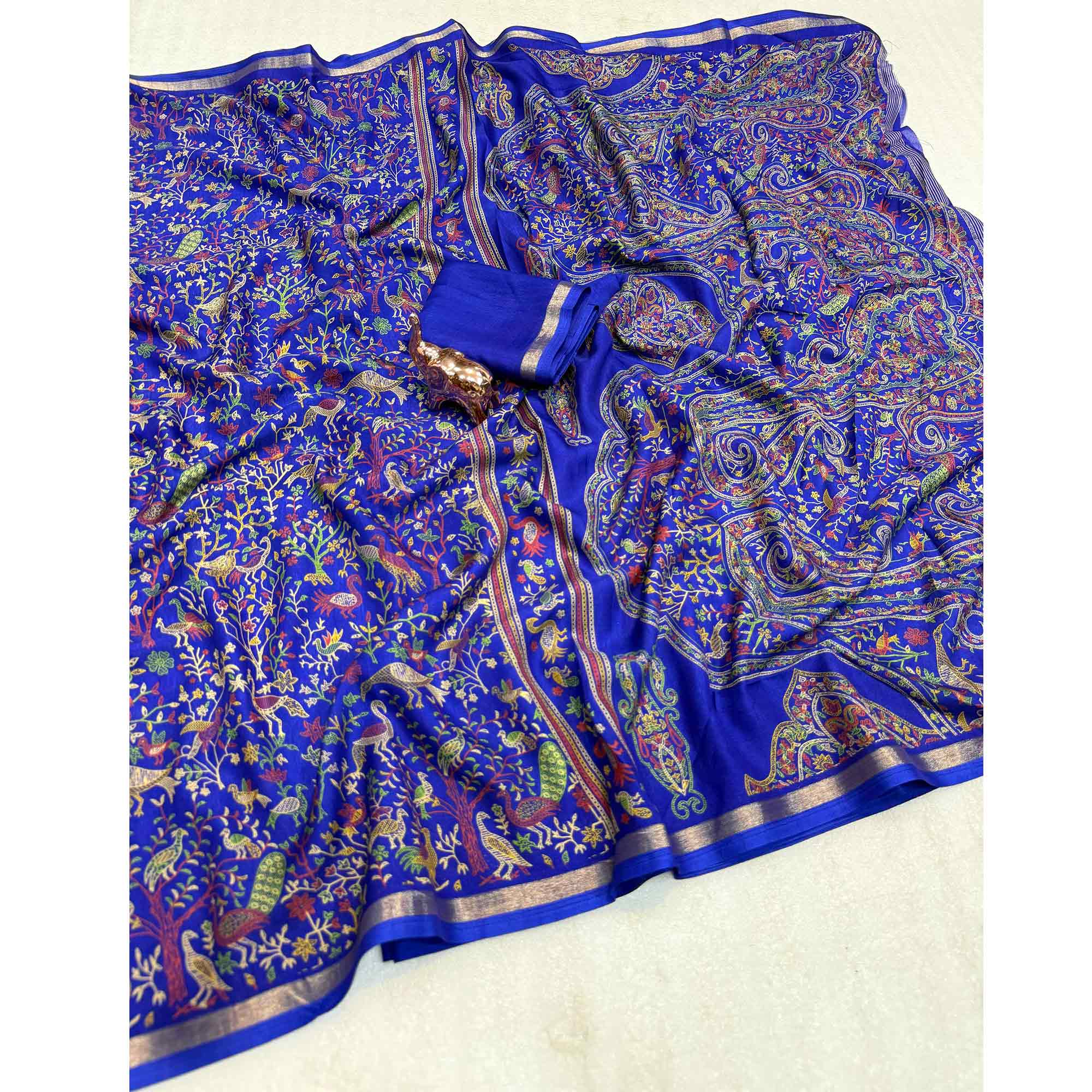 Royal Blue Tussar Silk Blend Saree with Intricate Floral & Bird Kashmiri Print & Zari Border
