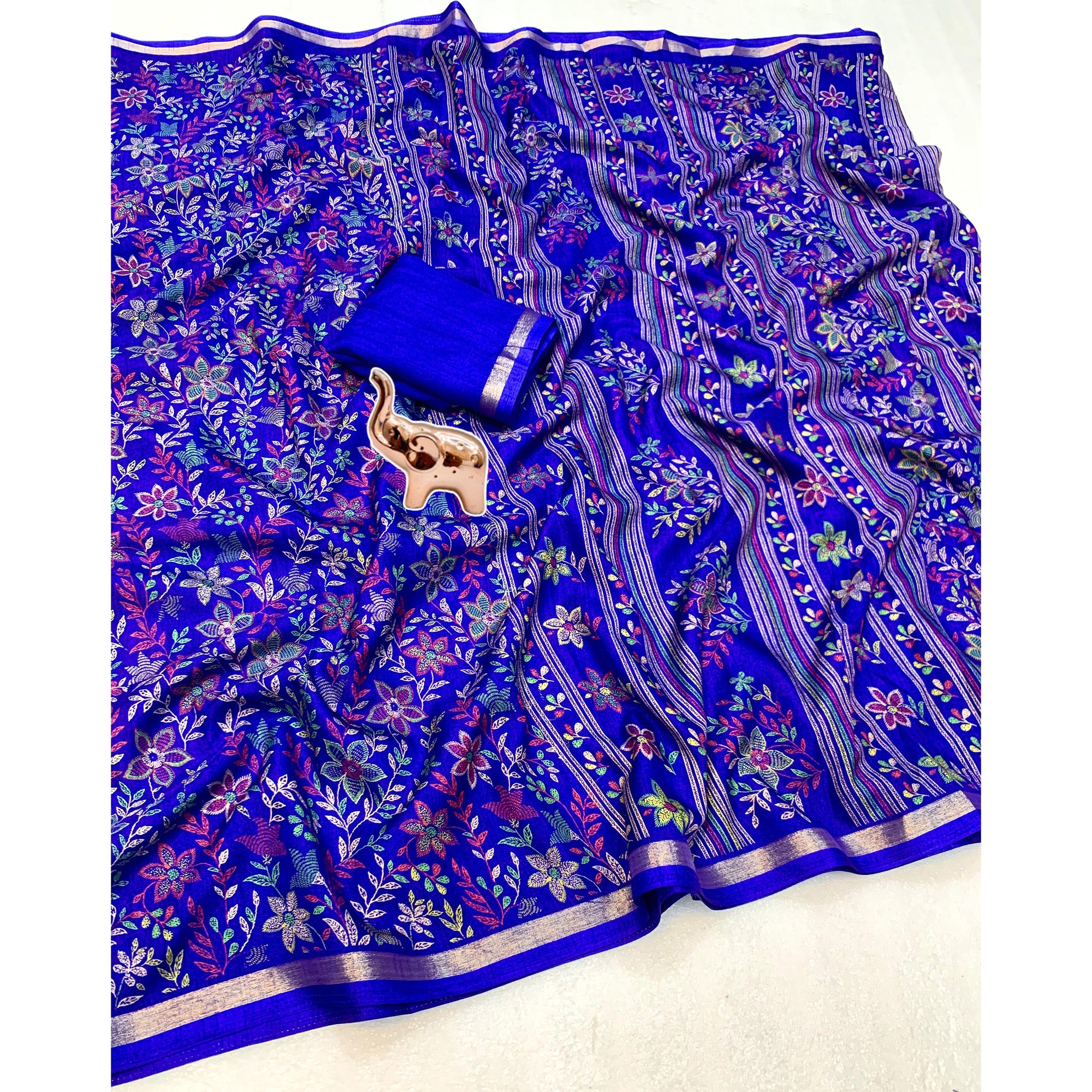 Blue Kashmiri Inspired Floral Printed Tussar Silk Saree for Ethnic Occasions