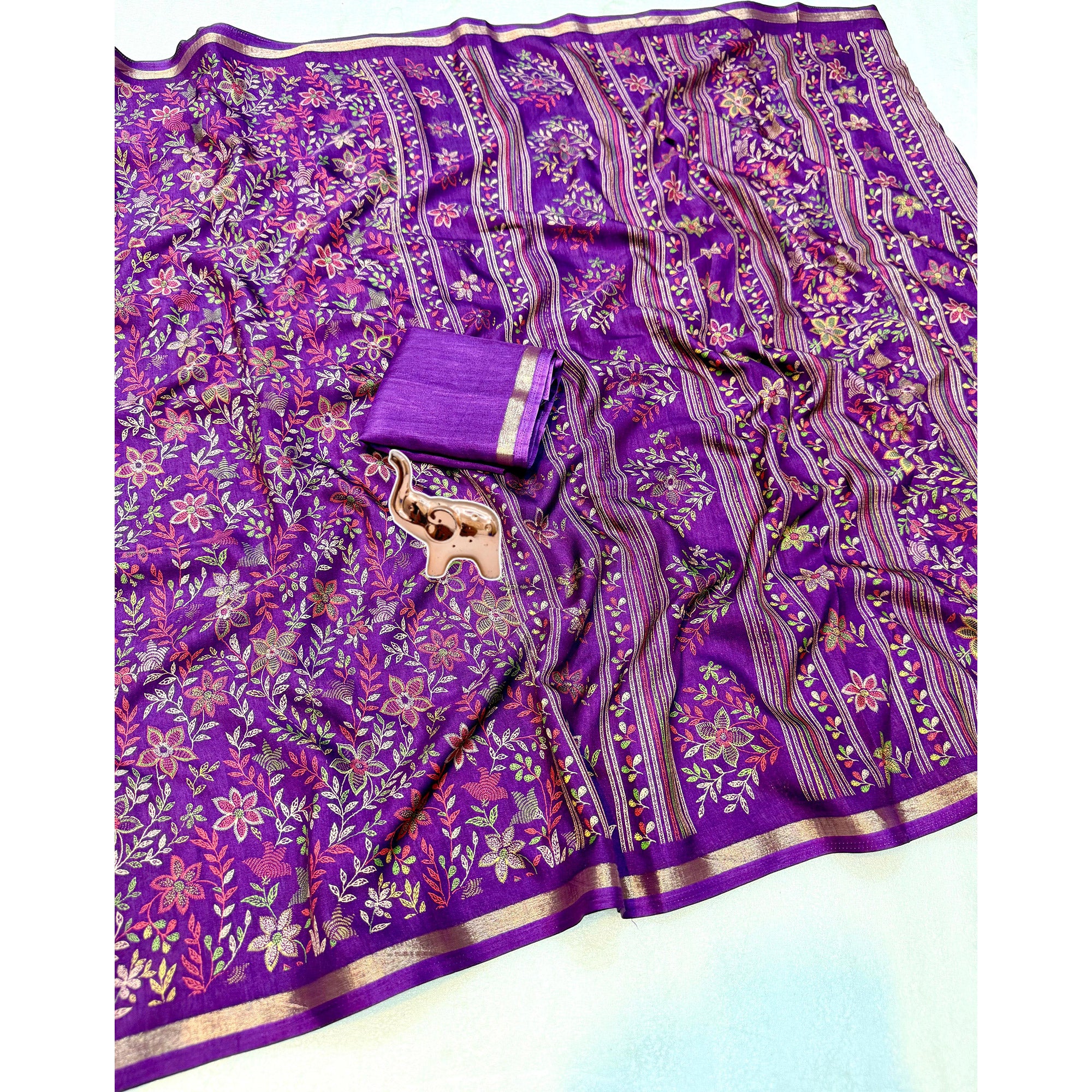 Purple Kashmiri Inspired Floral Printed Tussar Silk Saree for Ethnic Occasions