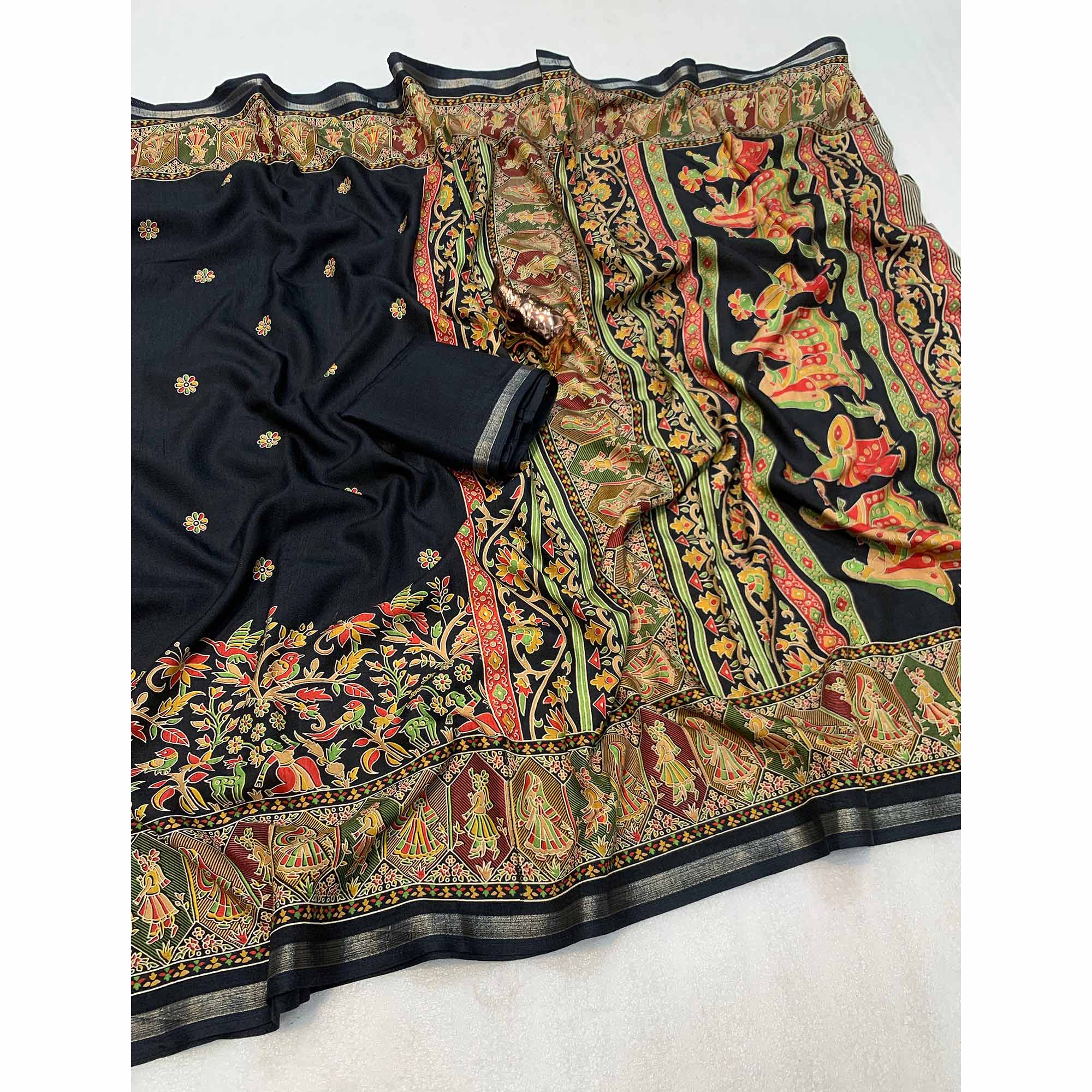 Black Cotton Blend Saree with Ethnic Kashmiri Inspired Paisley Design