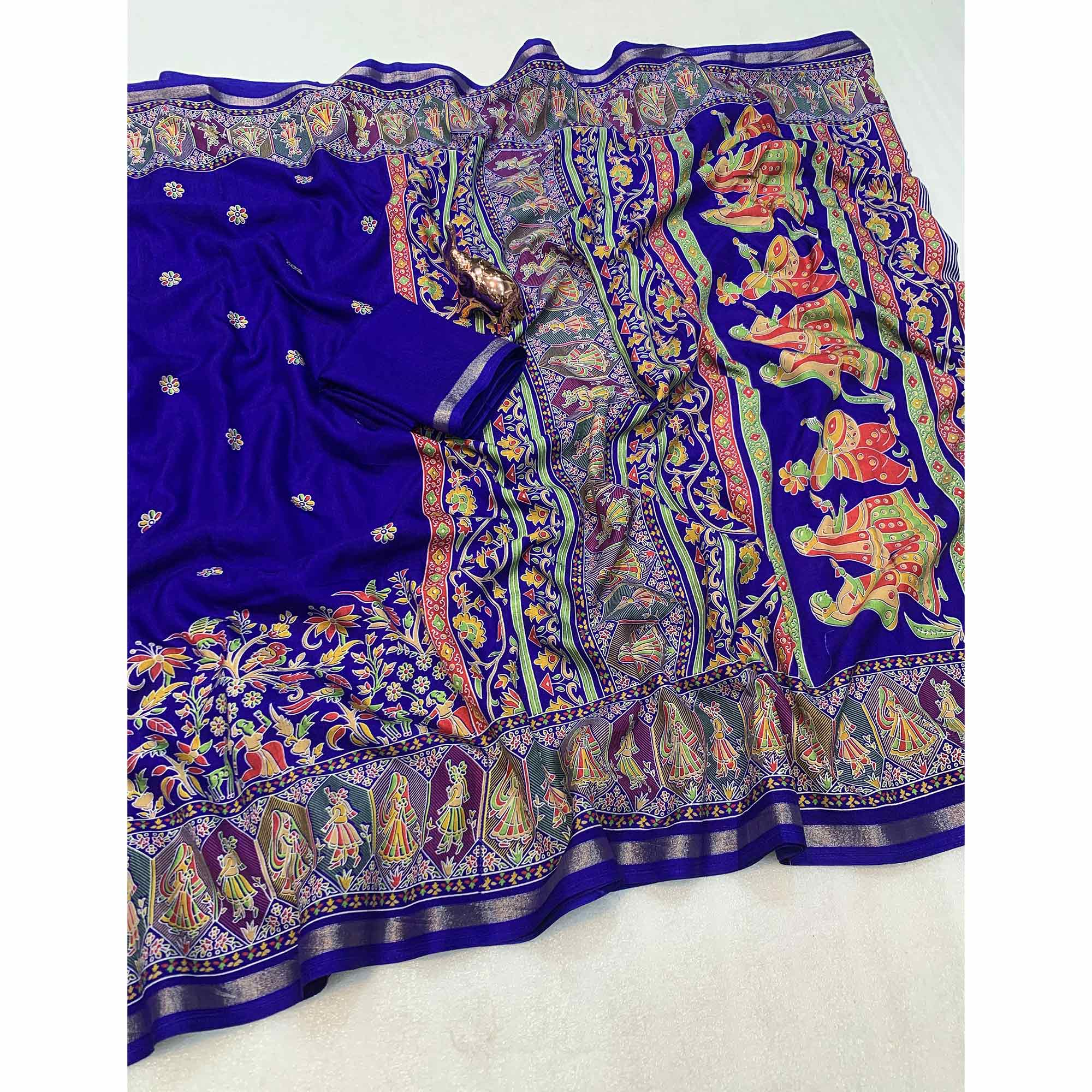 Royal Blue Cotton Blend Saree with Ethnic Kashmiri Inspired Paisley Design