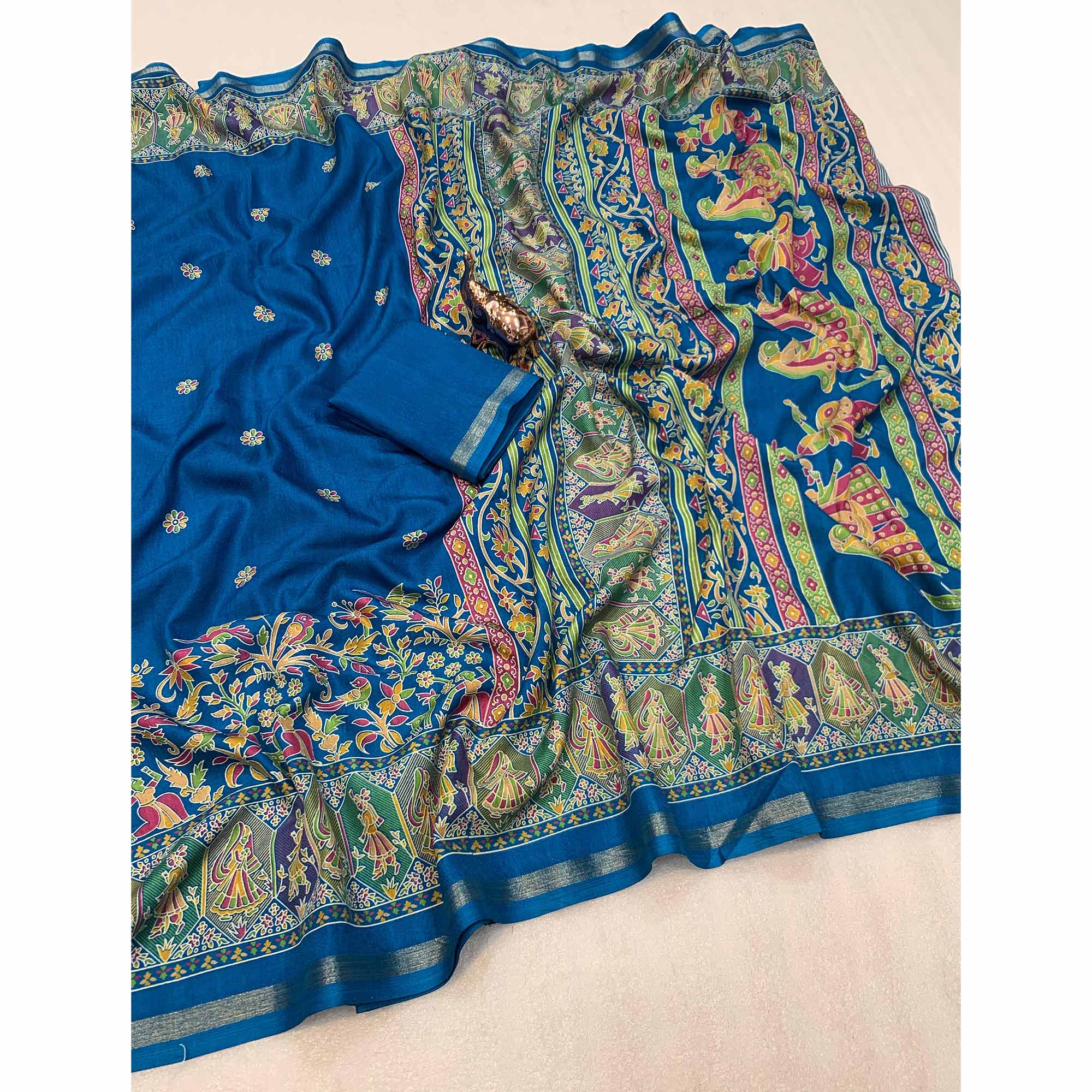 Teal Cotton Blend Saree with Ethnic Kashmiri Inspired Paisley Design