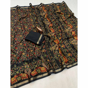 Black Floral Printed Tussar Silk Blend Saree Accentuated With Rich Zari Border Work