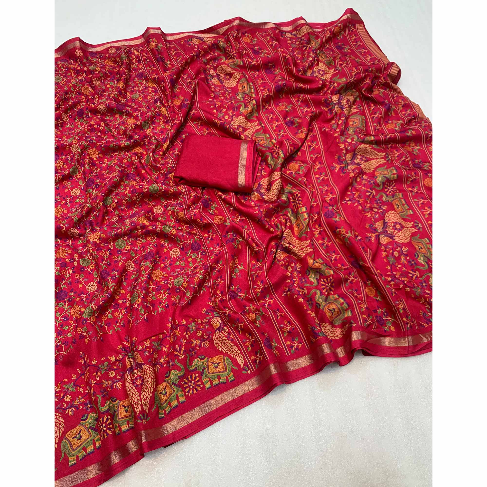 Pink Floral Printed Tussar Silk Blend Saree Accentuated With Rich Zari Border Work