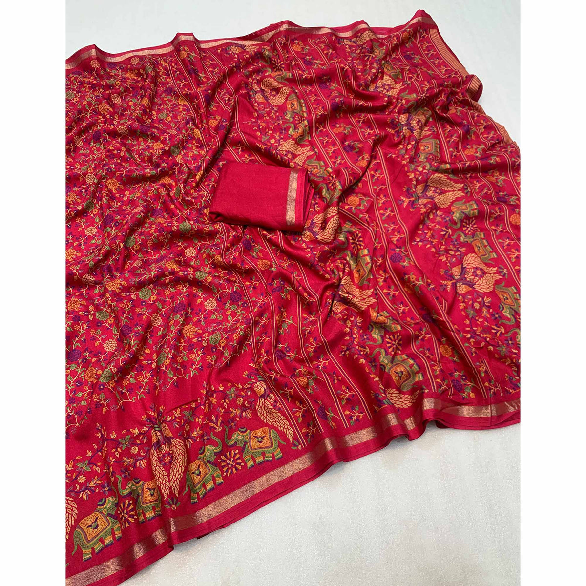Pink Floral Printed Tussar Silk Blend Saree Accentuated With Rich Zari Border Work - Image 2