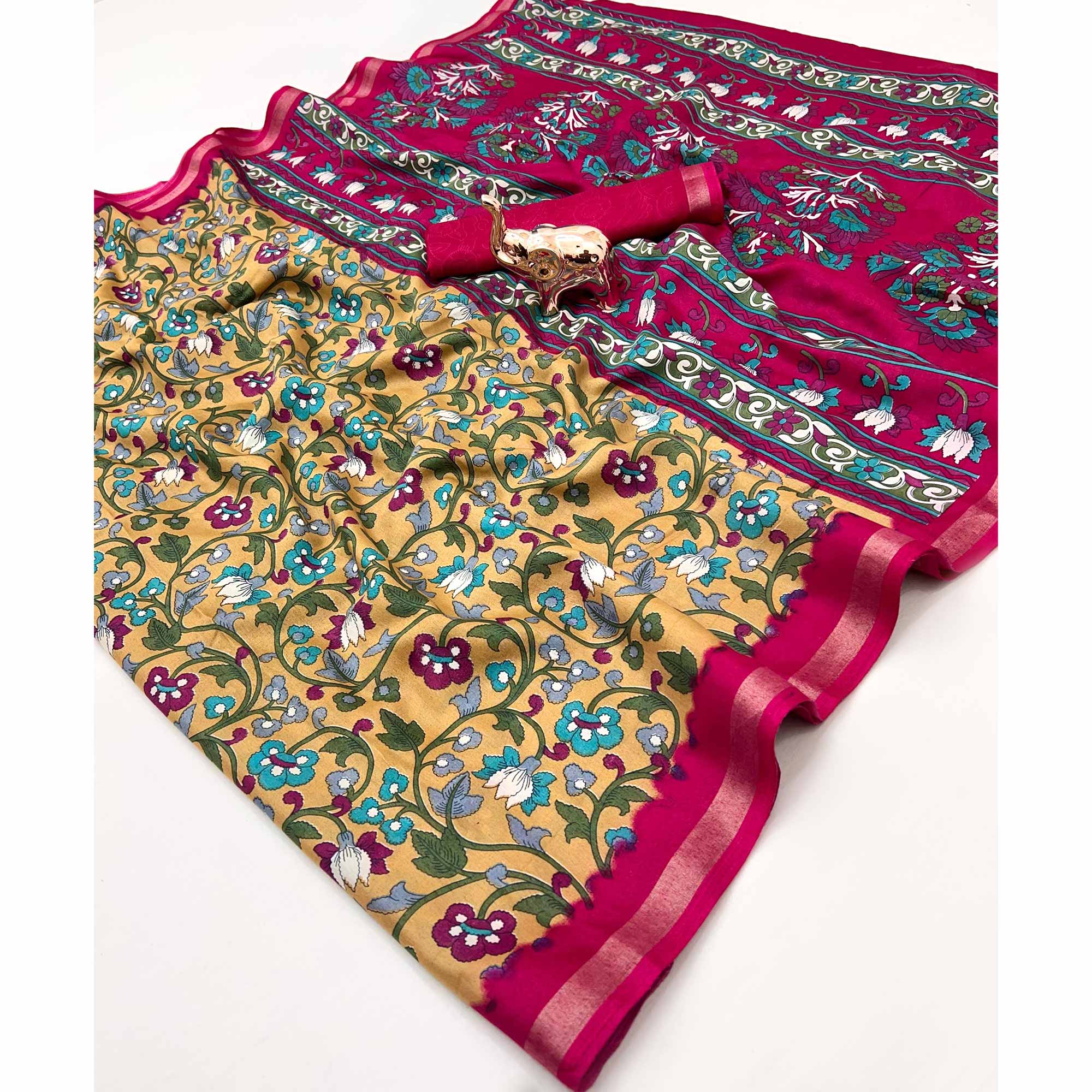 Mustard Floral Printed Tussar Silk Blend Saree Enhanced With Intricate Zari Border Work