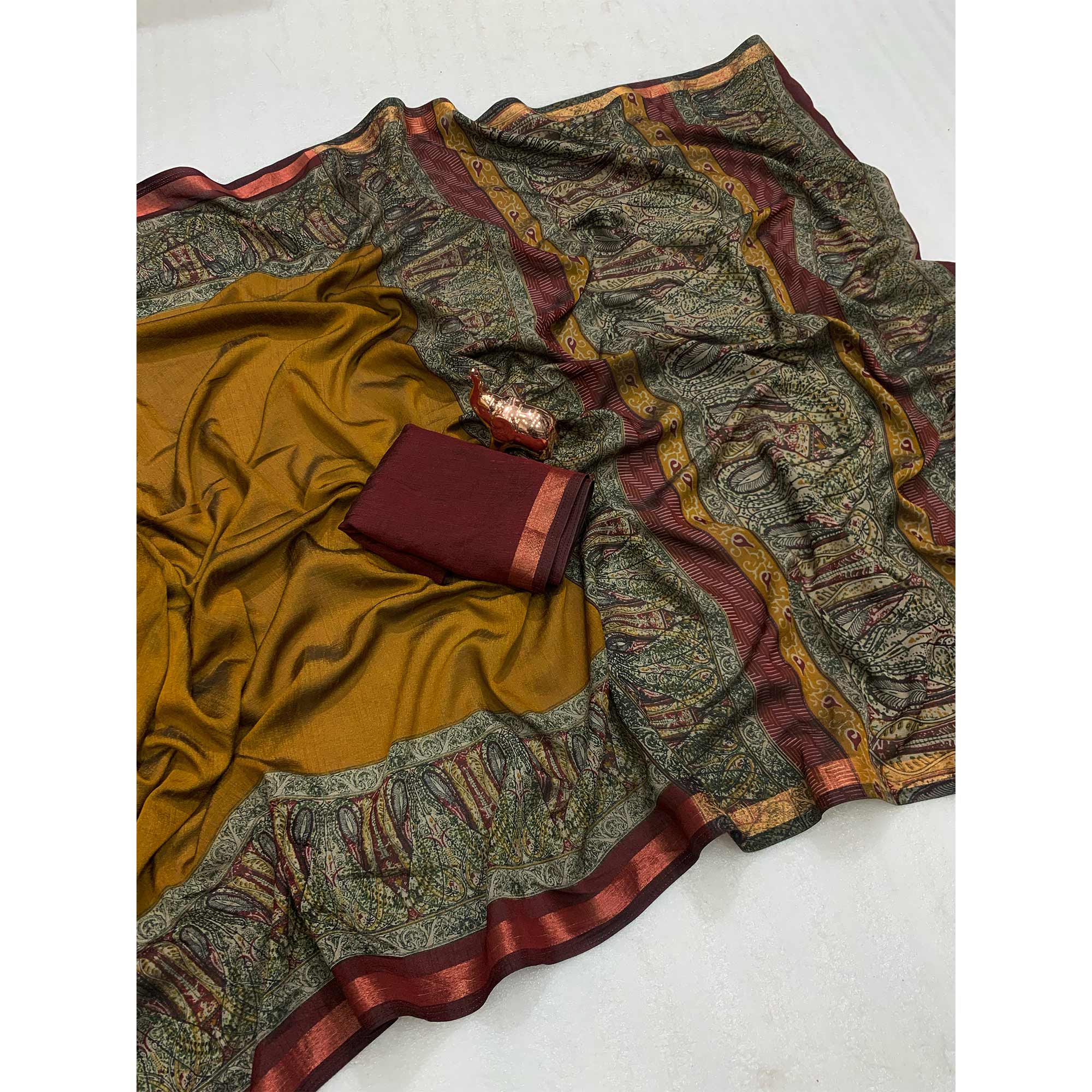 Mustard Solid Maheshwari Silk Blend Saree Adorned With Ajrakh Print & Two Tone Finish