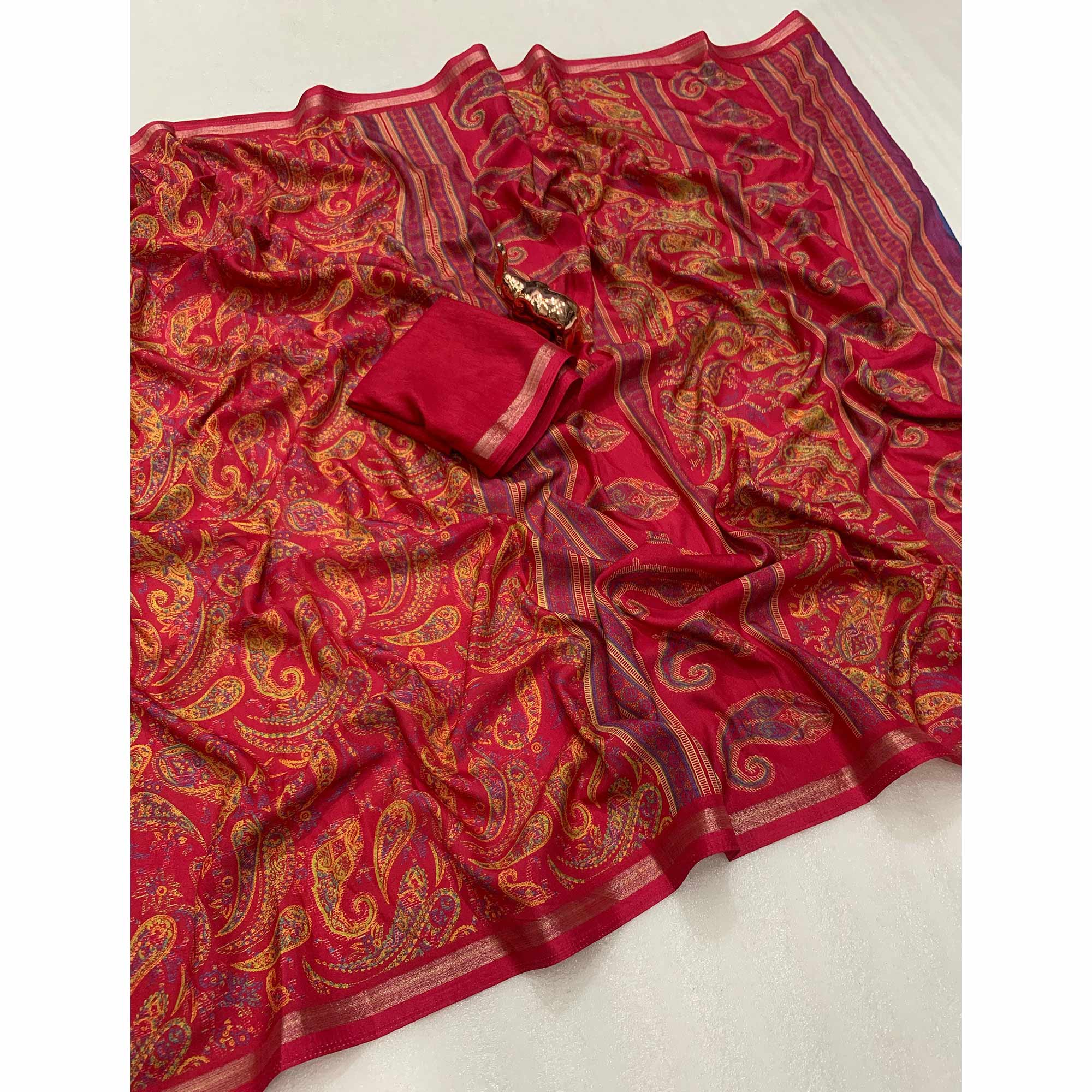 Crimson Red Cotton Blend Saree with Ethnic Kashmiri-Inspired Paisley Design