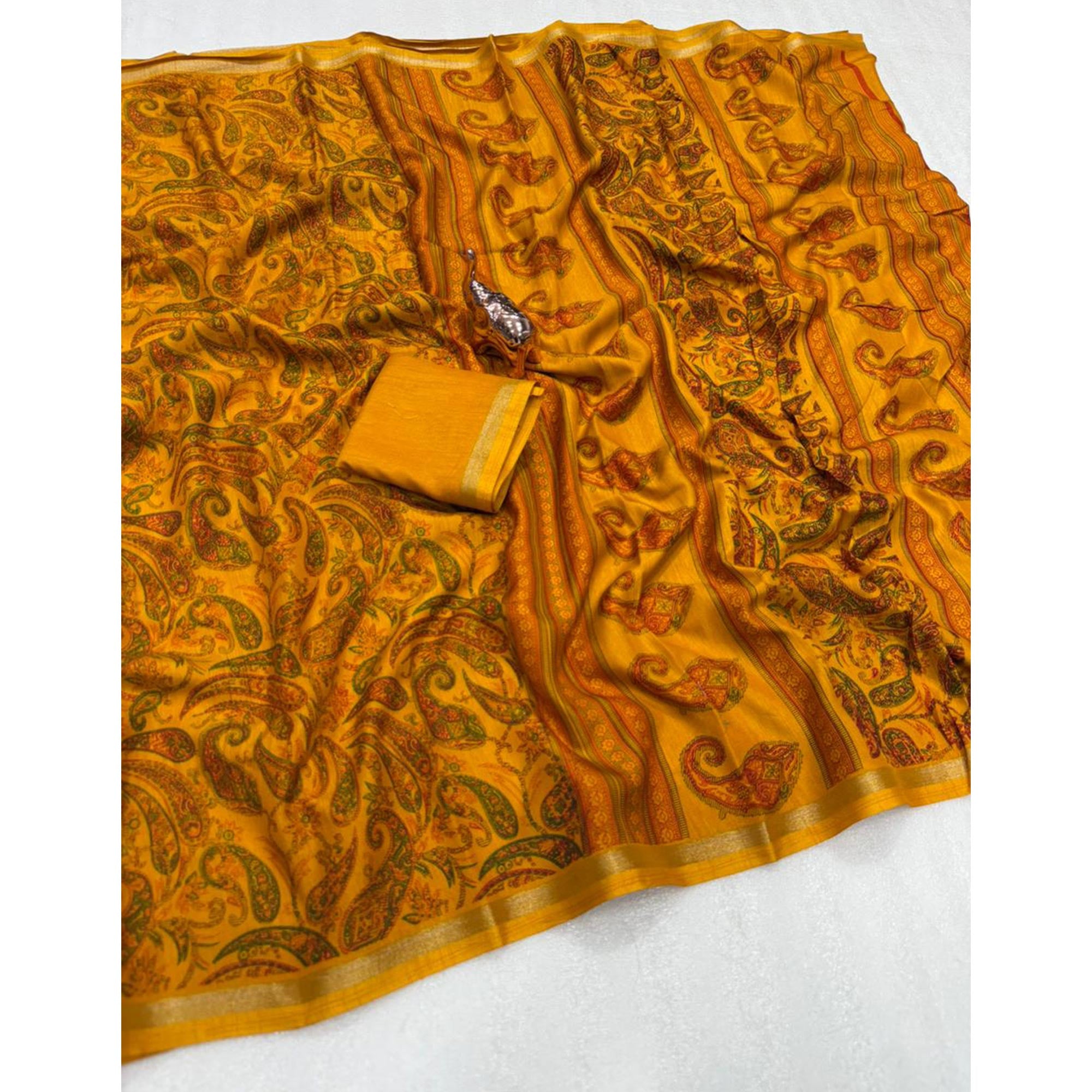 Mustard Cotton Blend Saree with Ethnic Kashmiri-Inspired Paisley Design