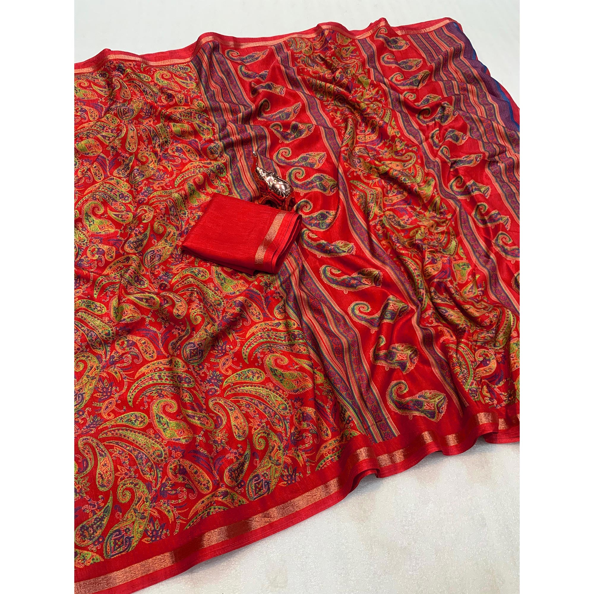 Red Cotton Blend Saree with Ethnic Kashmiri-Inspired Paisley Design