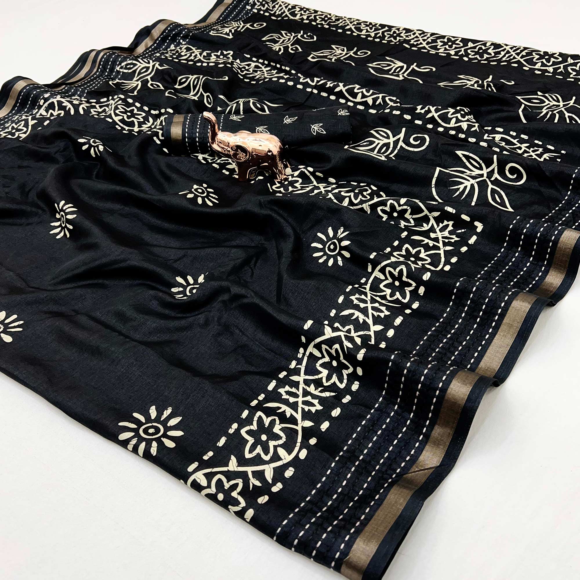 Black Floral Printed Cotton Crepe Saree With Katha & Zari Border