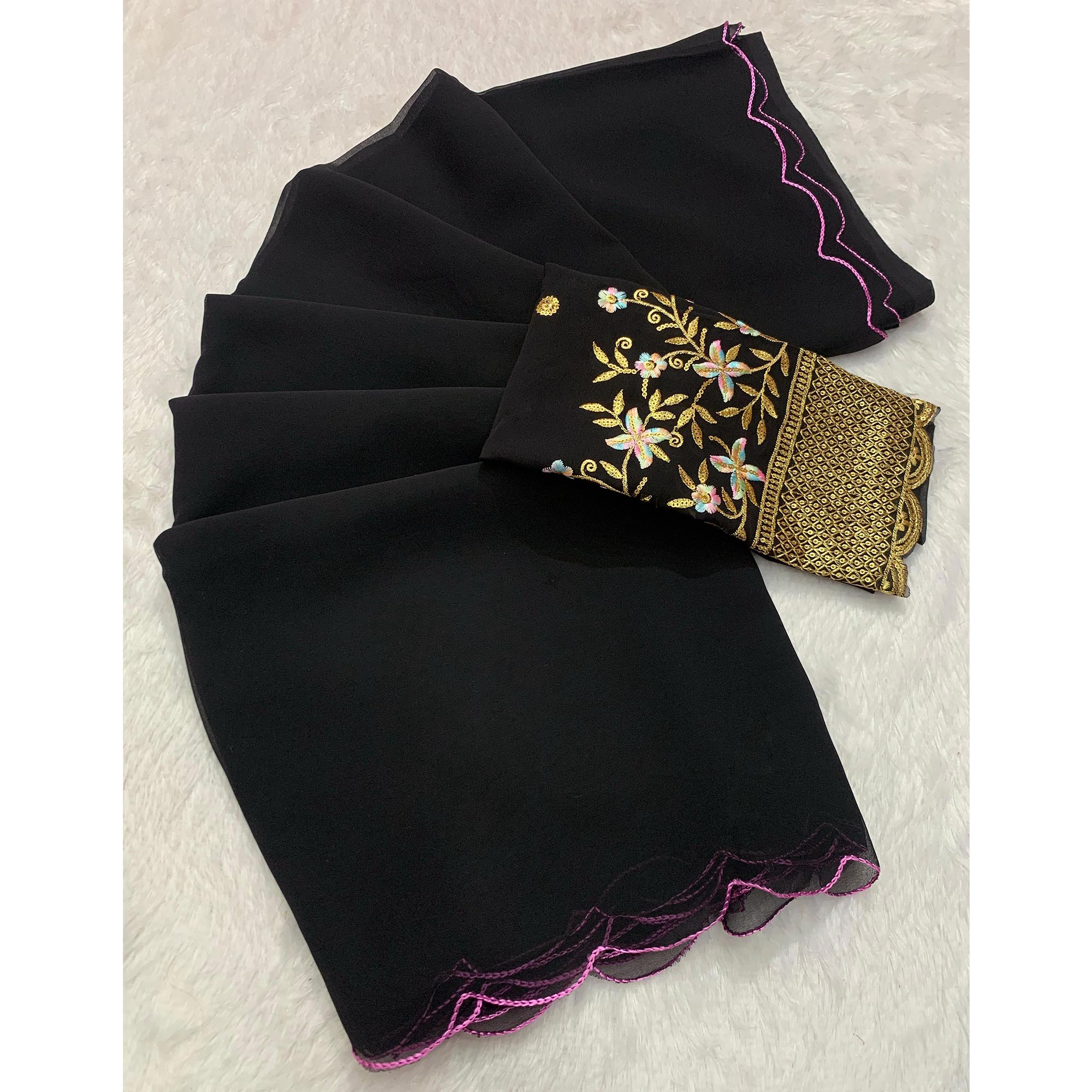 Black Solid Georgette Saree With Embroidered Border