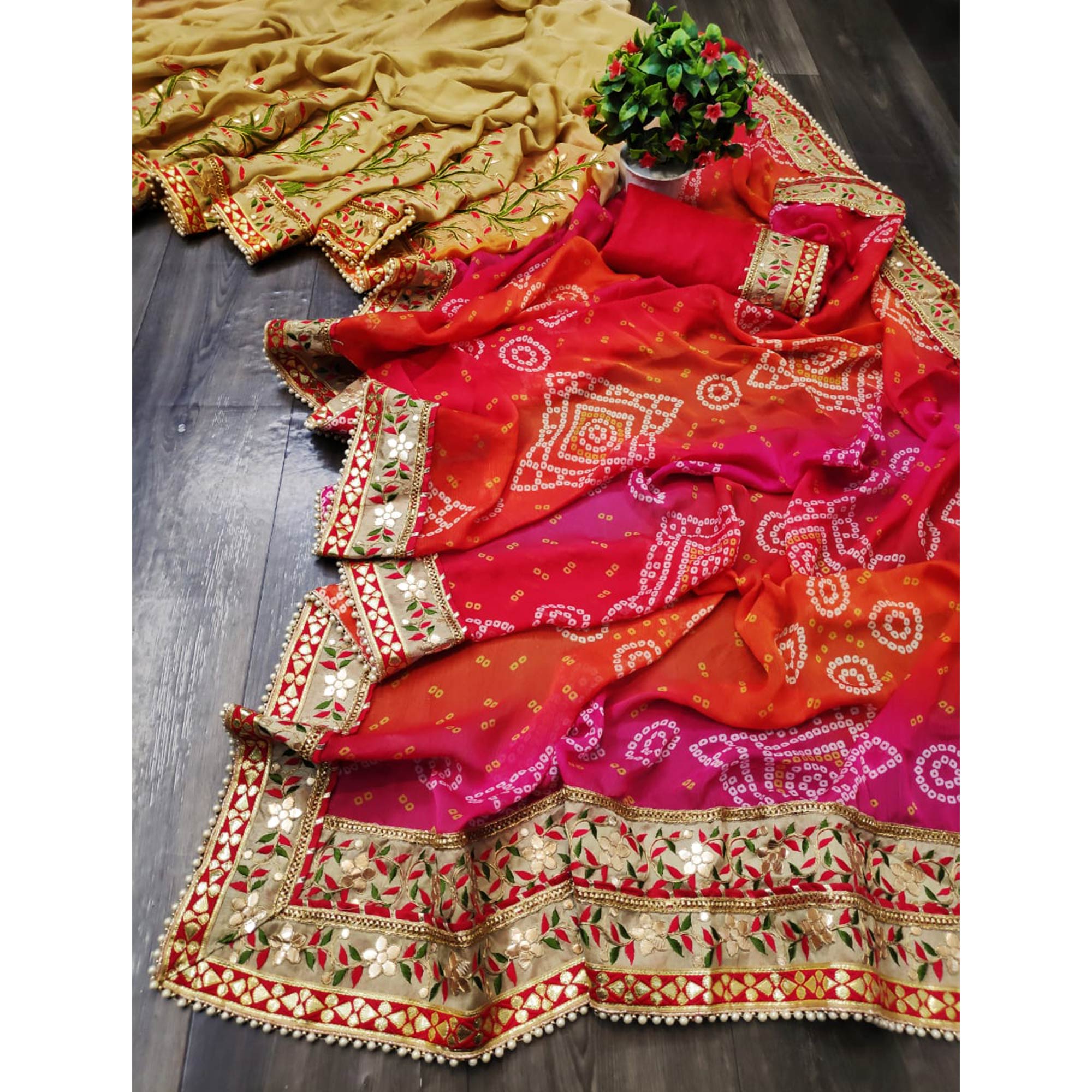 Mustard & Pink Bandhani Printed Chiffon Half & Half Saree