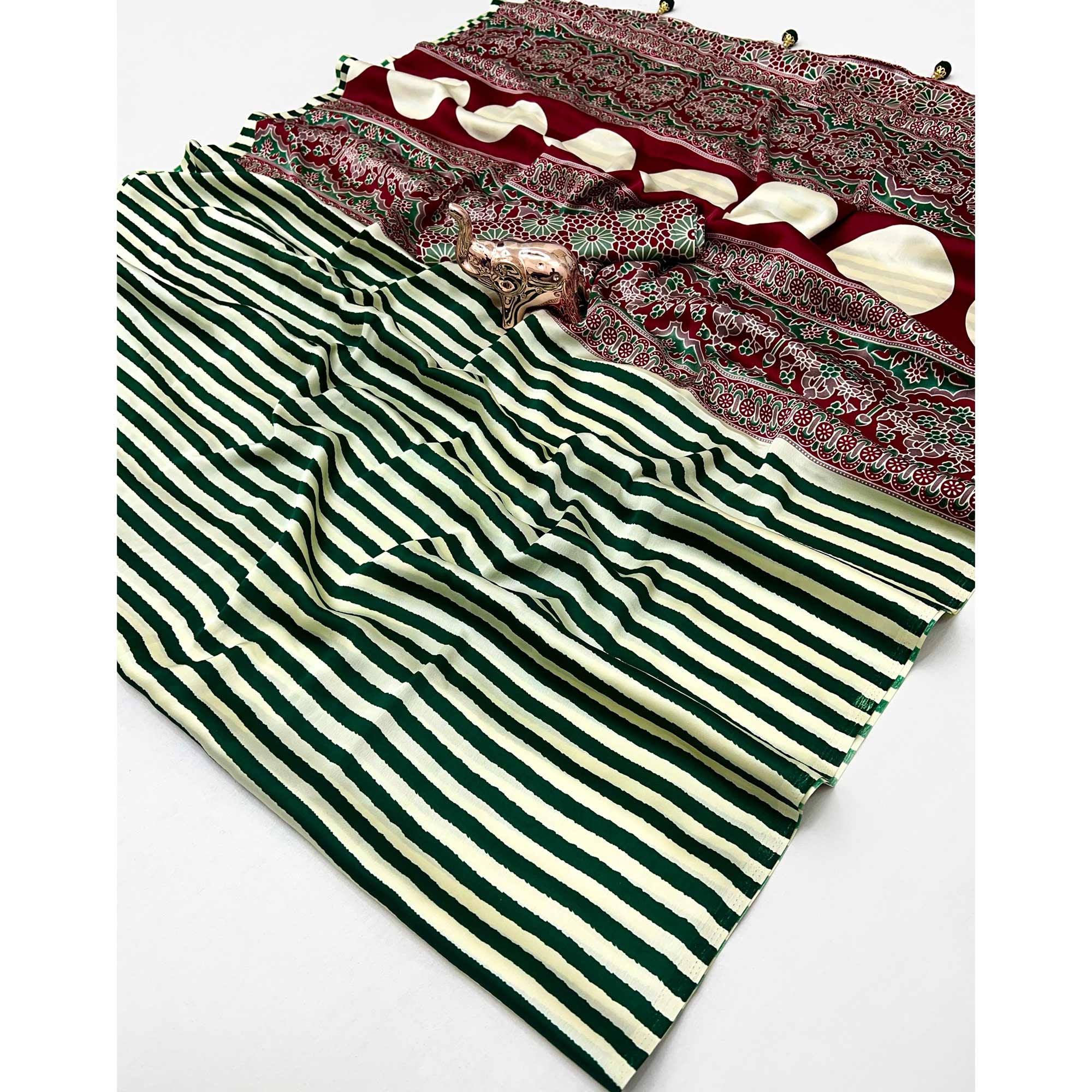 Luxe Partywear Saree in Green Satin with Modern Striped Print and Flowing Drape