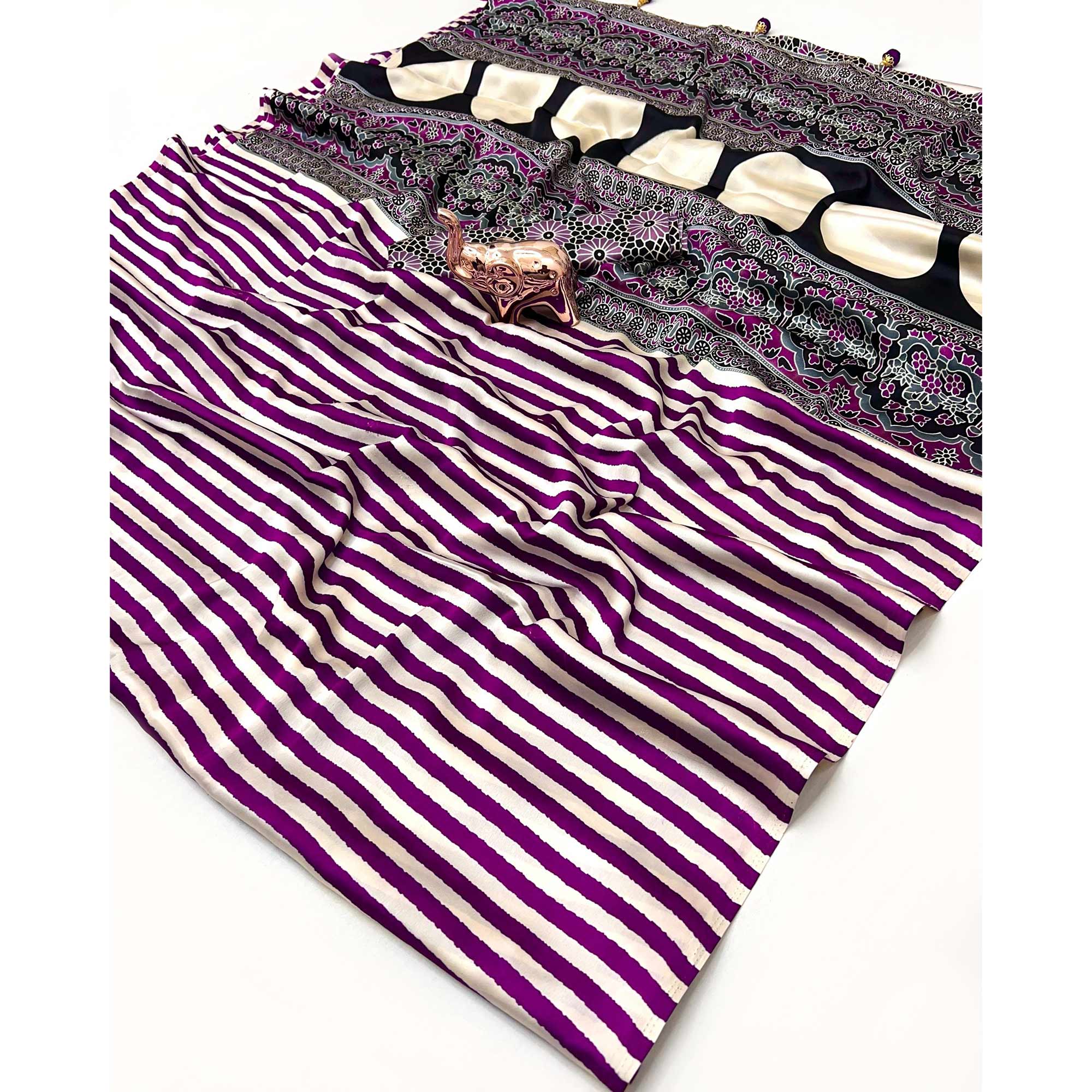 Luxe Partywear Saree in Purple Satin with Modern Striped Print and Flowing Drape