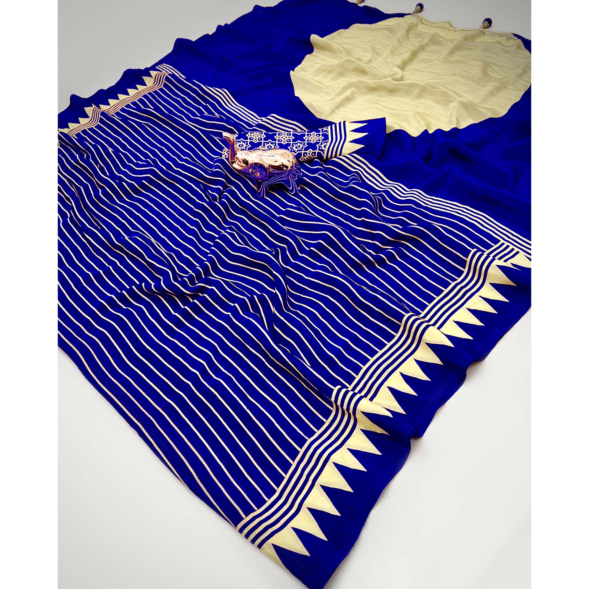 Blue Satin Saree with All-Over Striped Print Partywear Essential