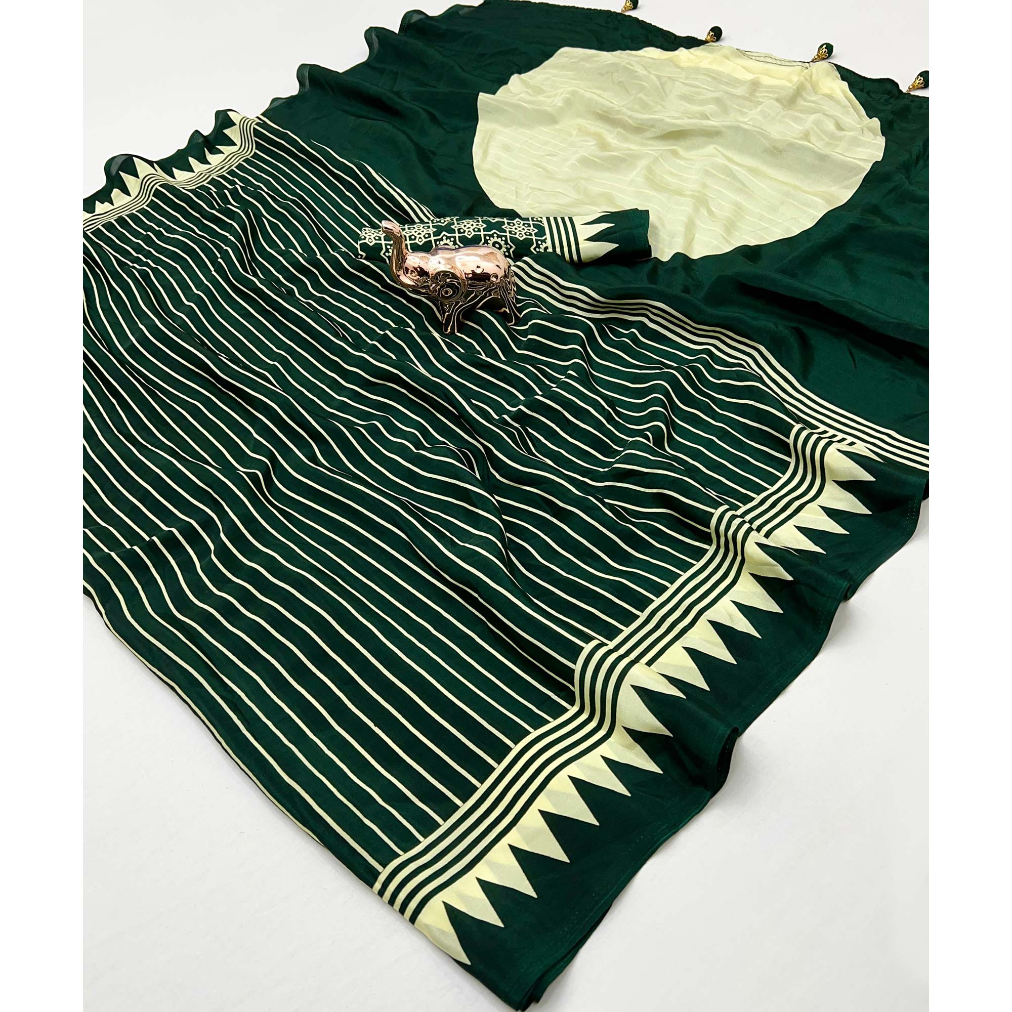 Green Satin Saree with All-Over Striped Print Partywear Essential