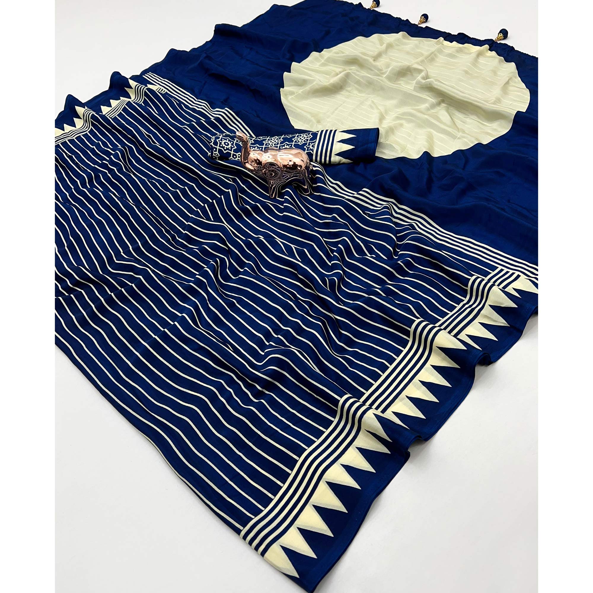 Navy Blue Satin Saree with All-Over Striped Print Partywear Essential